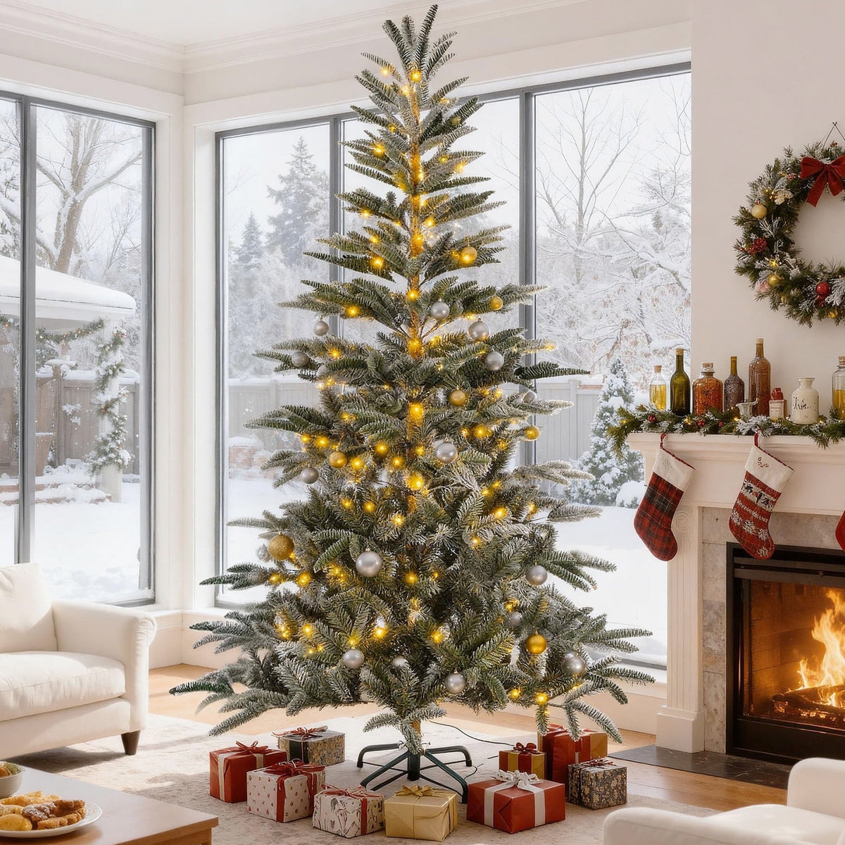 Furnibear 7ft Christmas Tree with 700 Snowy Tips Easy Setup Artificial – HG