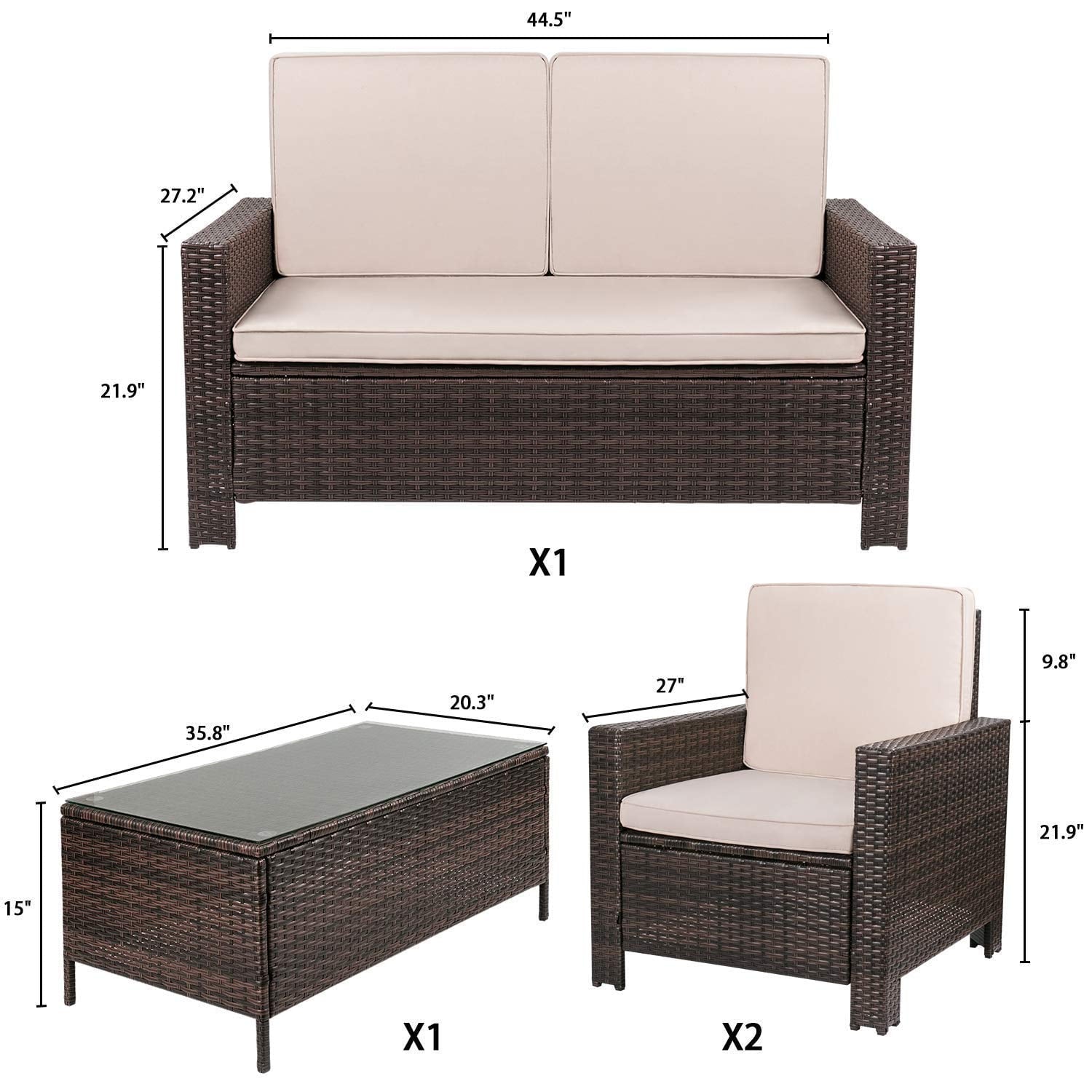 Furnibear 4 Pieces Outdoor Patio Furniture Sets Rattan Chair Wicker Conversation Sofa Set, Outdoor Indoor Backyard Porch Garden Poolside Balcony Use Furniture, Beige
