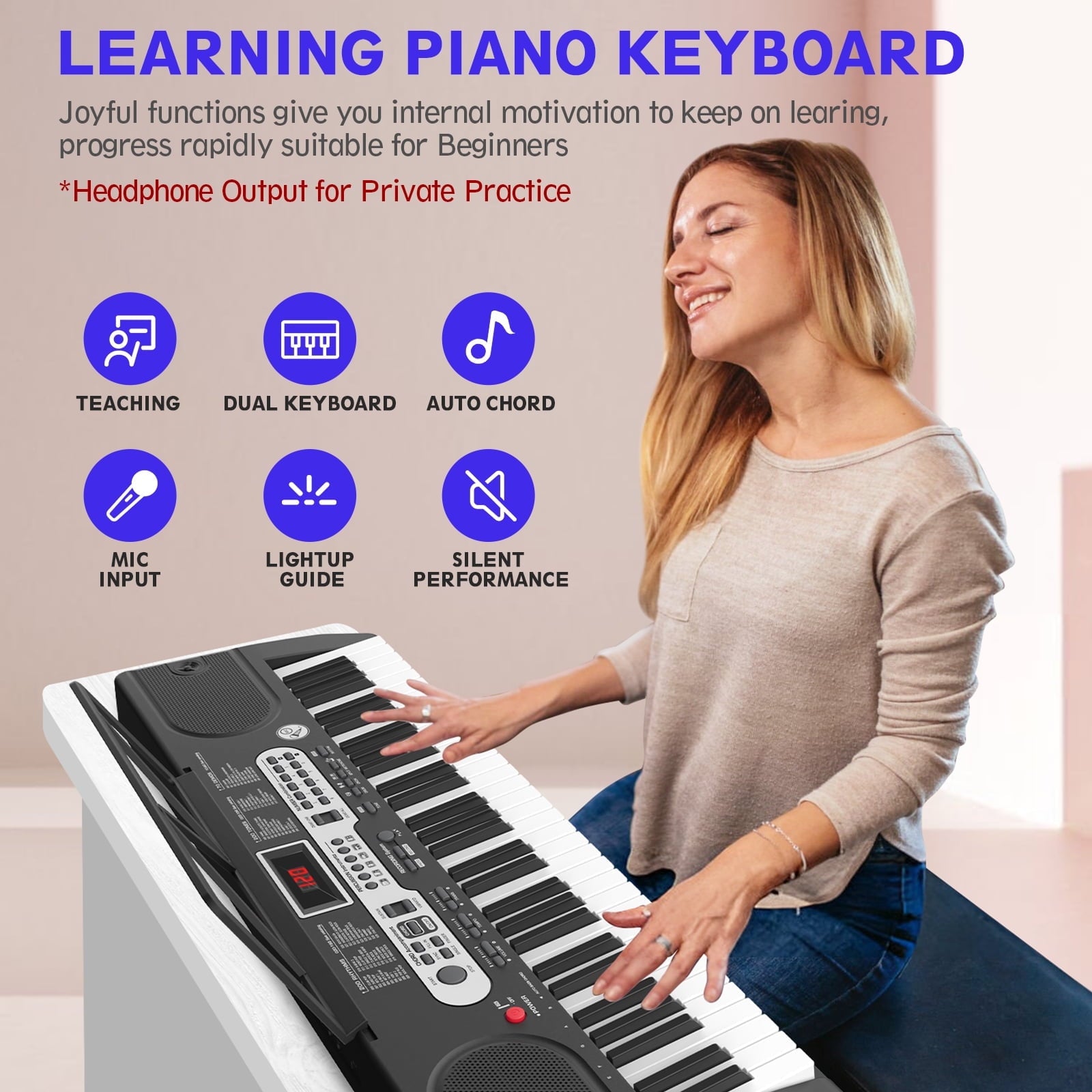 Furnibear 61 Key Piano Keyboard with Lighted Keys Stand Bench Microphone Headphone and Built-in Speakers for Beginners, Black