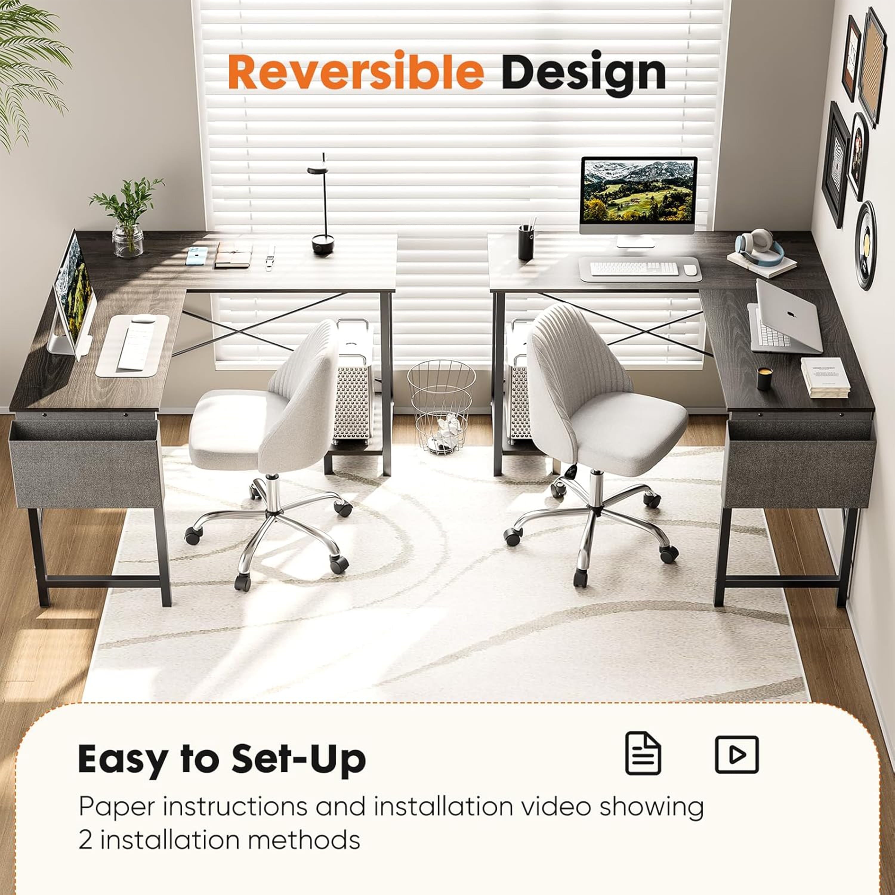 Furnibear Computer Desk with Drawer and Power Outlets, 47in Office Desk with 2 Monitor Stands and Fabric File Cabinet for Home Office, Small Space
