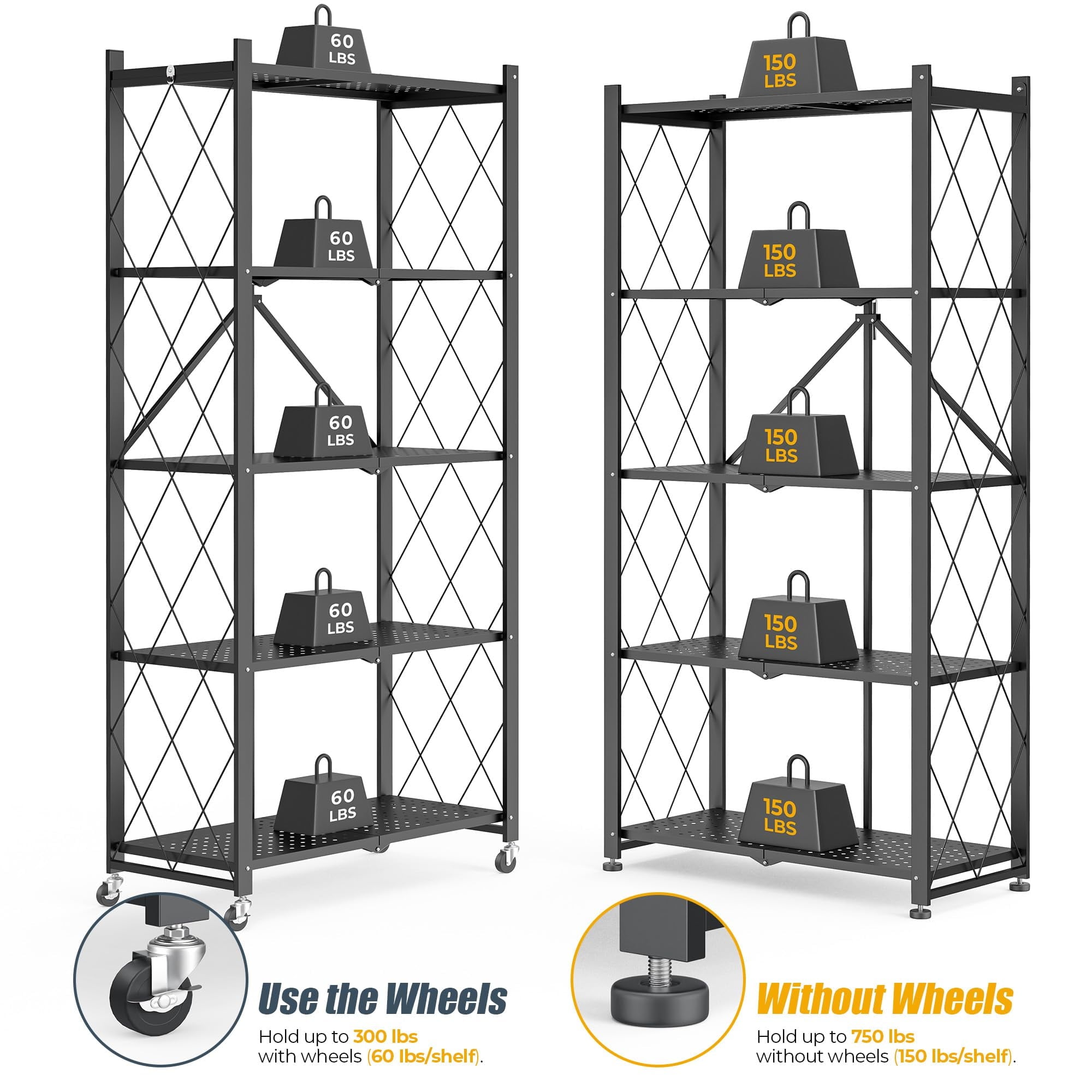 Furnibear 5-Tier Folding Storage Shelves with Wheels, Foldable Metal Rack, Collapsible Shelves for Garage, Kitchen, Basement, Black