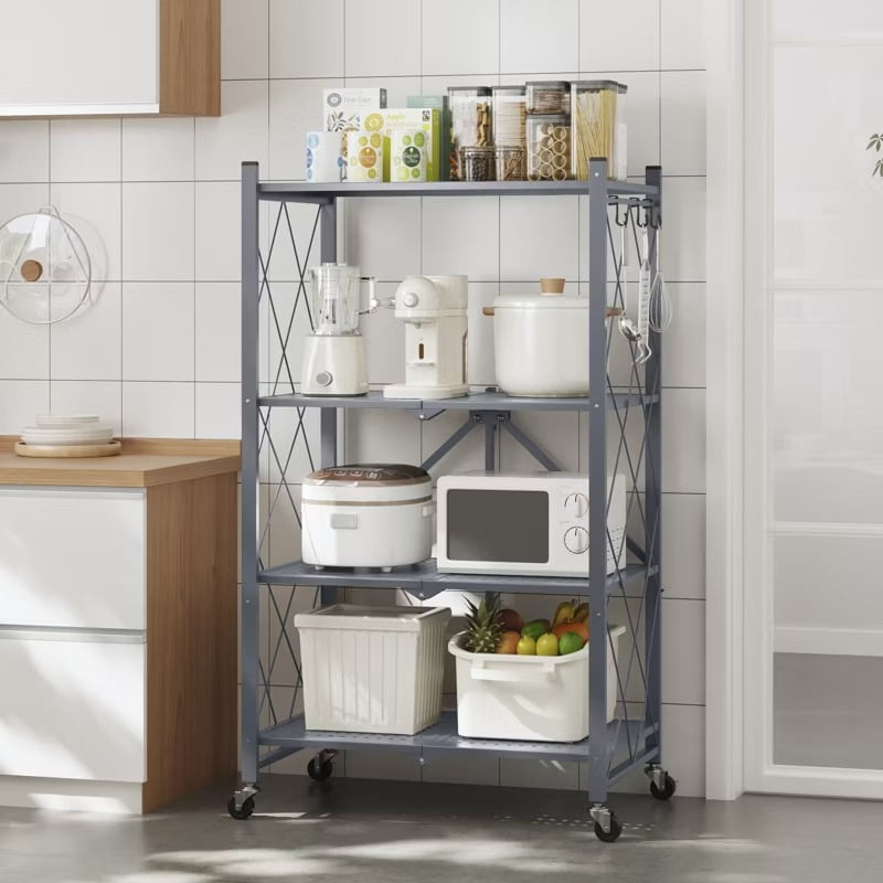 Furnibear Storage Shelves, 4-Shelf Foldable Metal Shelving Units with Wheels for Garage Kitchen Bakers,Collapsible Organizer Rack,Gray