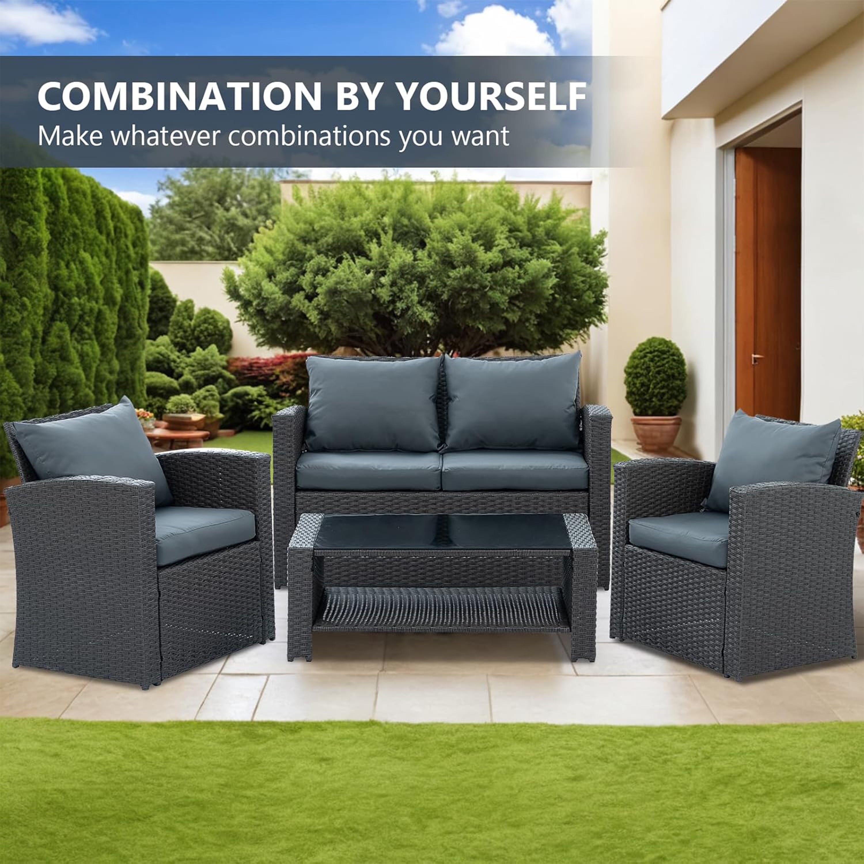 Furnibear 4 Pieces Patio Conversation Set, Outdoor Rattan Sectional Sofa, Cushioned Patio Furniture Set, Wicker Sofa Ideal for Garden, Porch, Backyard