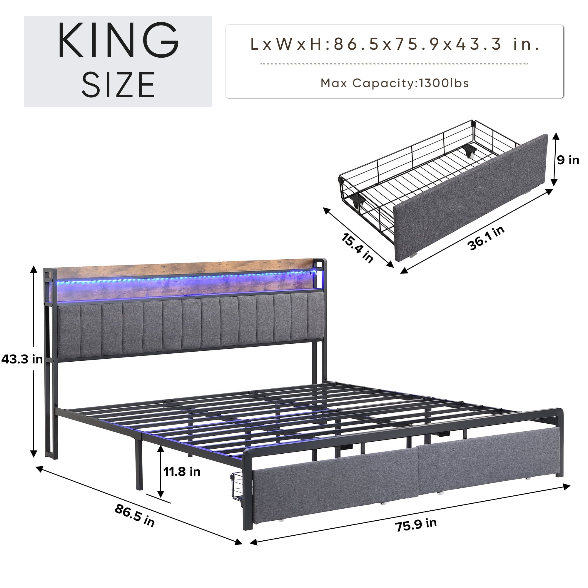 Furnibear King Bed Frame with Upholstered Storage Headboard and Drawers, LED Platform Bed with Charging Station, No Box Spring Needed