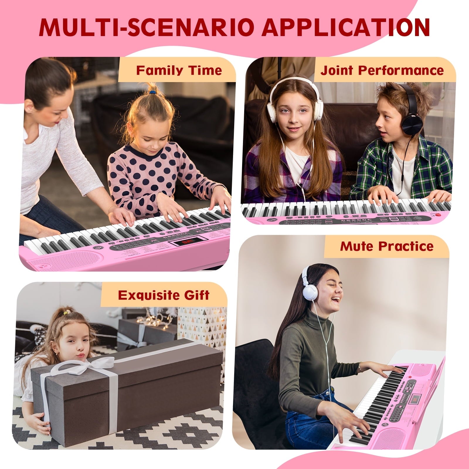Furnibear 61 Key Piano Keyboard with Lighted Keys Stand Bench Microphone Headphone and Built-in Speakers for Beginners, Pink