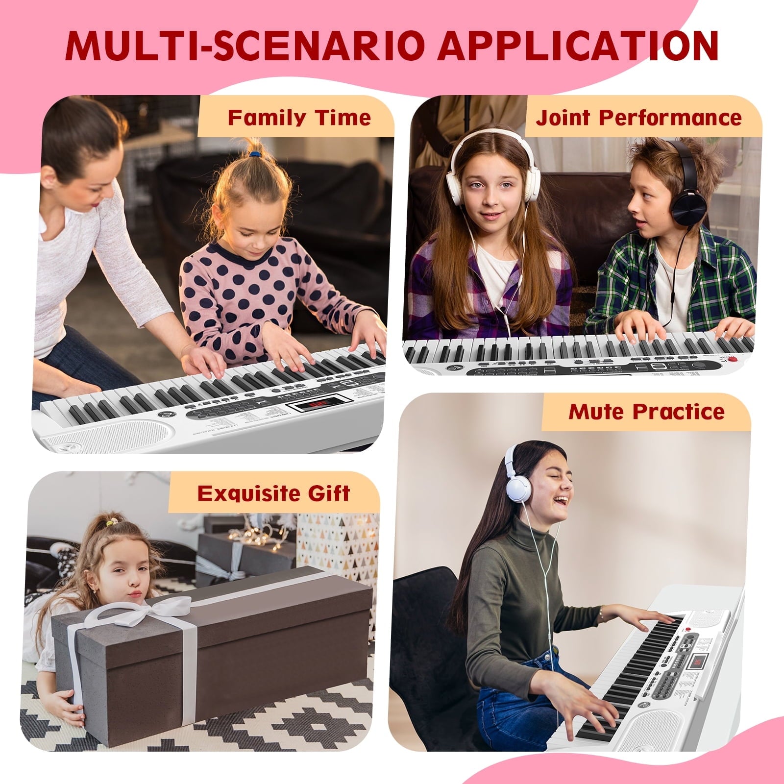 Furnibear 61 Key Piano Keyboard with Lighted Keys Stand Bench Microphone Headphone and Built-in Speakers for Beginners, White