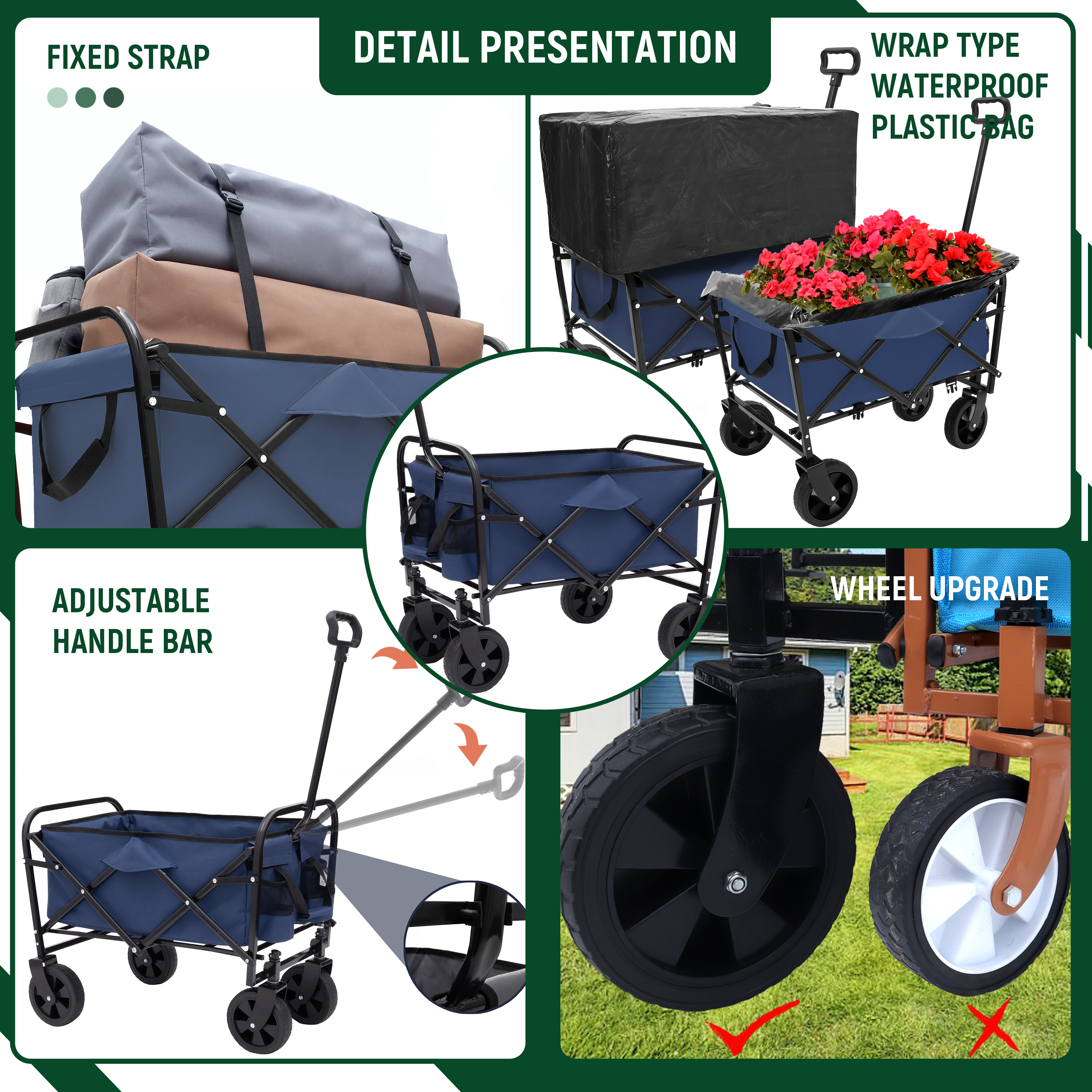 Furnibear Heavy-Duty Folding Wagon Cart with All-Terrain Wheels Includes 3 Liner Bags for Camping, Beach, Grocery,Bronze