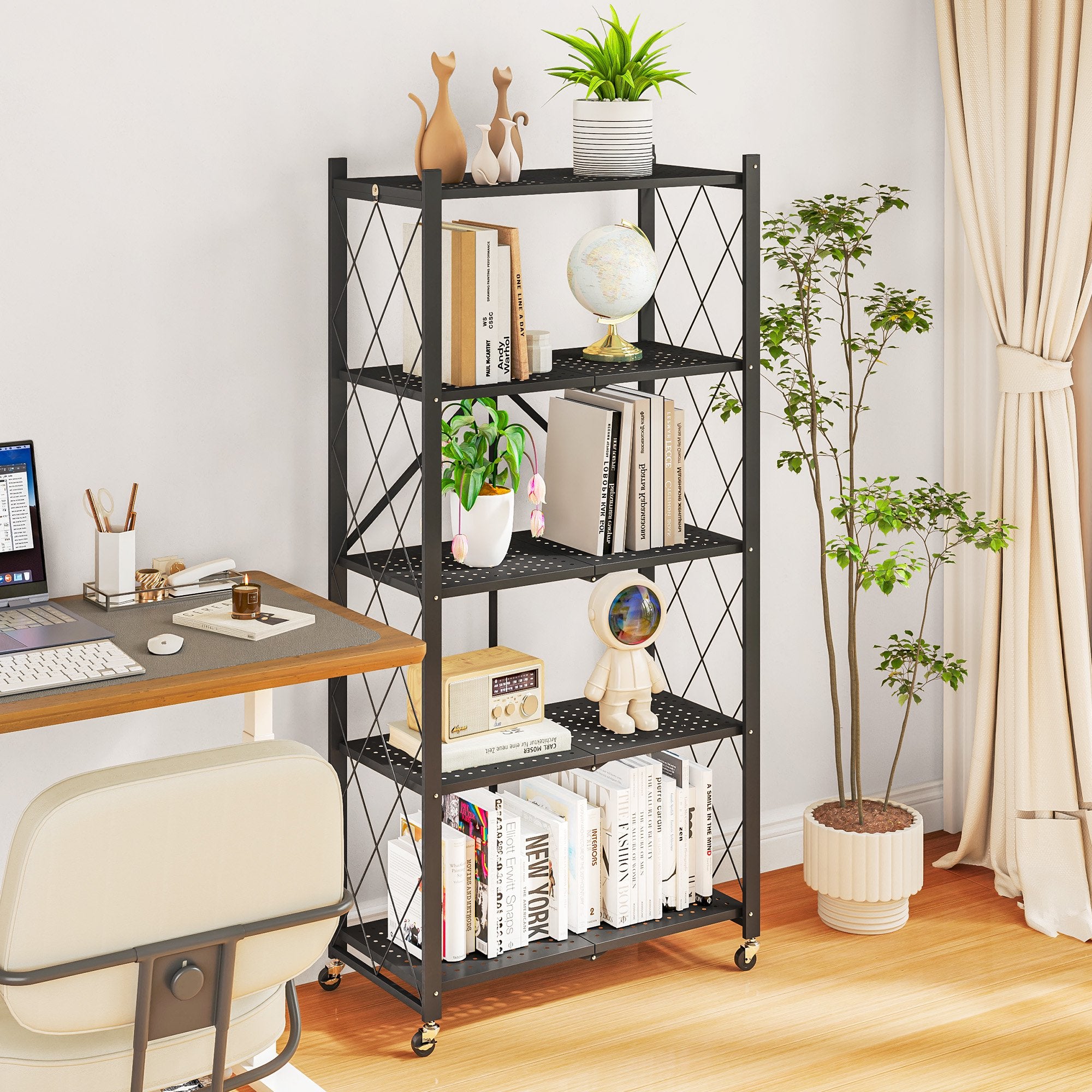 Furnibear 5-Tier Folding Storage Shelves with Wheels, Foldable Metal Rack, Collapsible Shelves for Garage, Kitchen, Basement, Black
