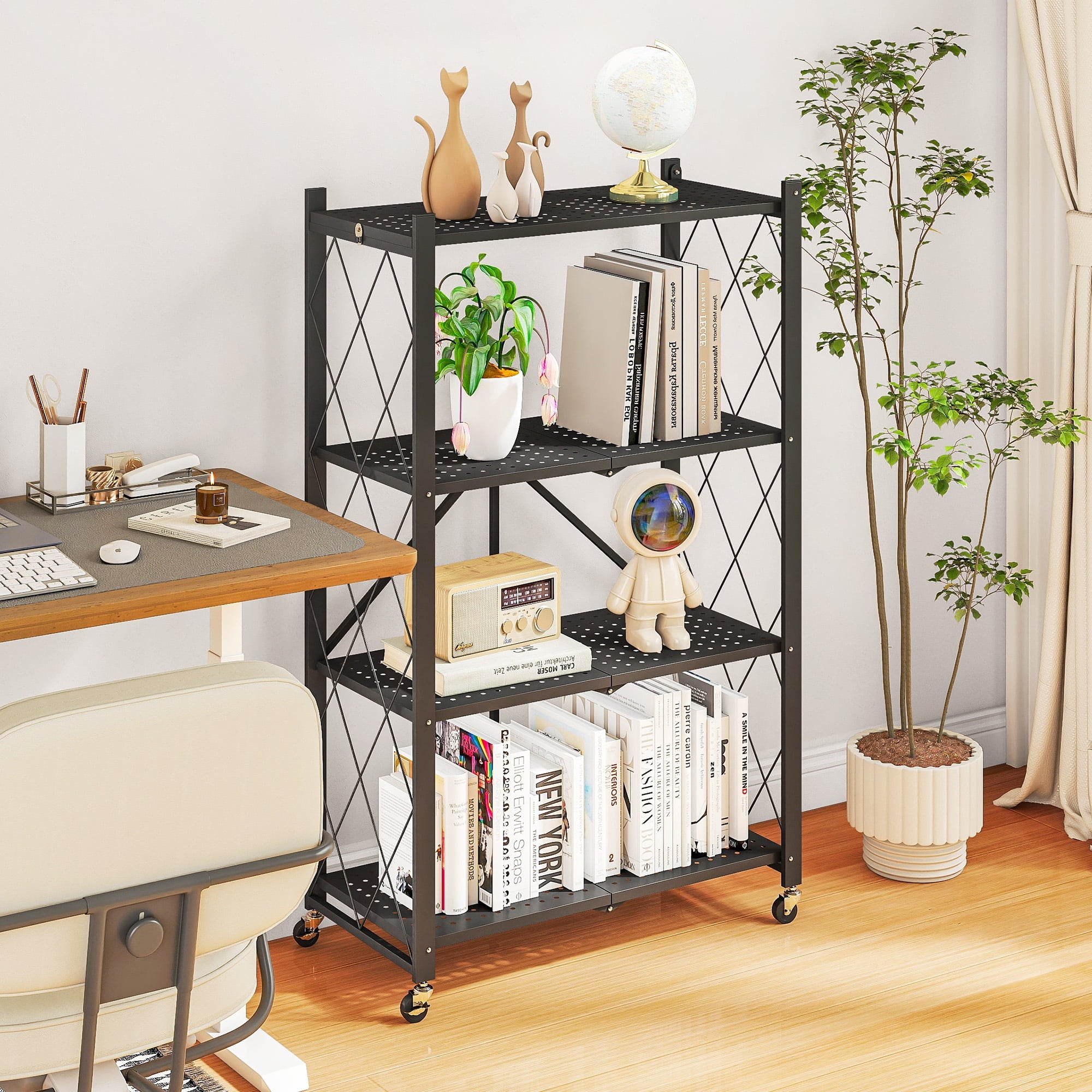 Furnibear 4-Tier Folding Storage Shelves with Wheels, Foldable Metal R