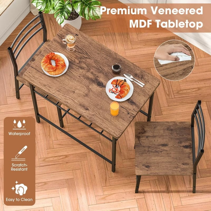 Furnibear 3-Piece Dining Table Set with 2 Chairs, Space Saving Kitchen Breakfast Nook Wood Grain Tabletop for Kitchen, Dining Room,Brown