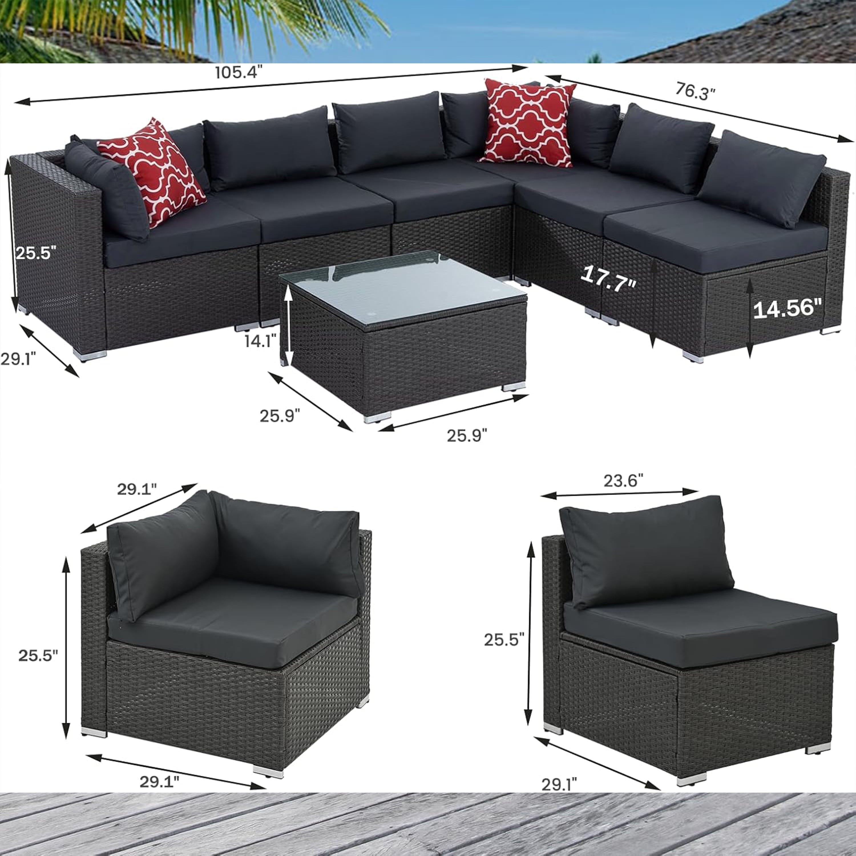 Furnibear 7 Pieces Outdoor Patio Sectional Sofa Couch, Black Wicker Patio Furniture Conversation Sets with Washable Cushions and Glass Coffee Table for Garden, Poolside, Backyard