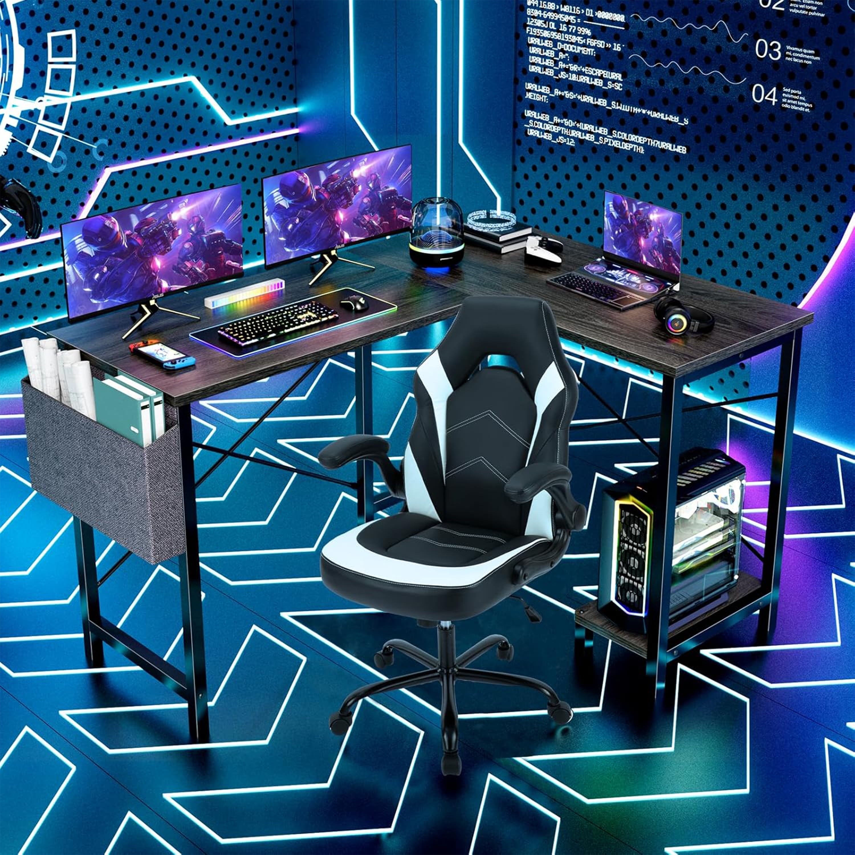 Furnibear L Shaped Computer Desk, Gaming Corner 50in PC Writing Study Student Table with Wooden Desktop CPU Stand Side Bag Reversible