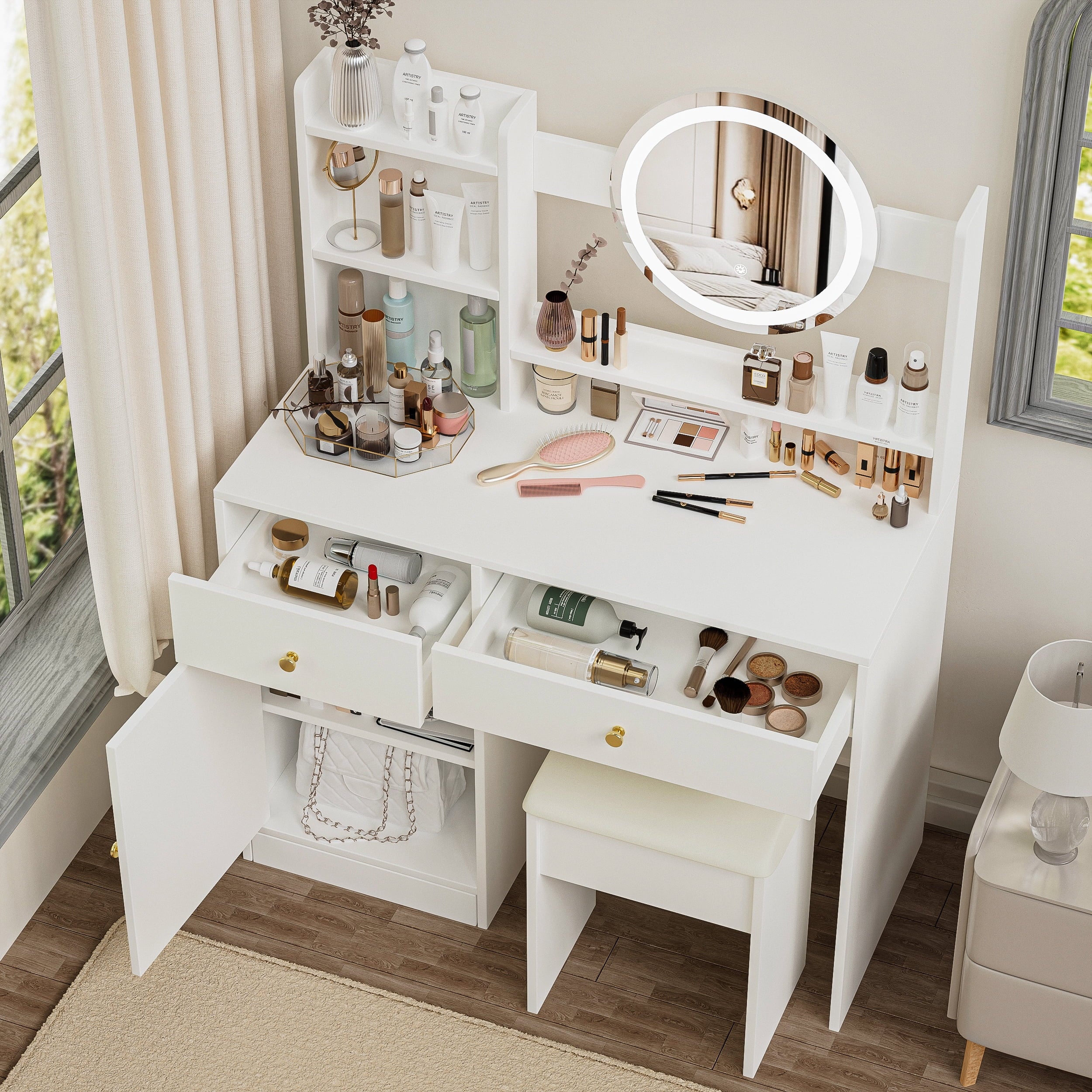 Furnibear 36in Vanity Desk Set, Makeup Table with Drawers, Dressing Table with Mirror and LED Lights, 3 Lighting Modes, Multifunctional Makeup Writing Desk for Bedroom