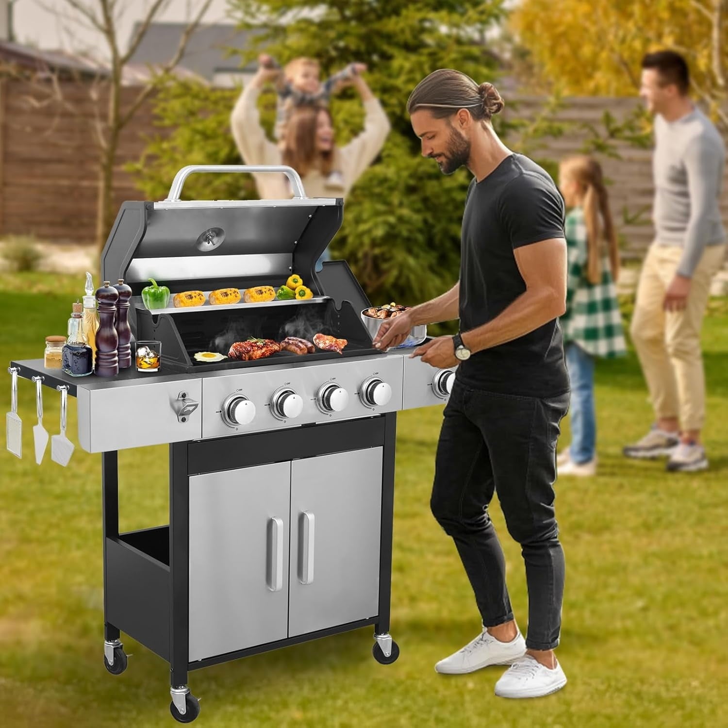 Furnibear 4-Burner Gas Grill Side Burner, Propane Stainless Steel BBQ Grill with Porcelain-Enameled Cast Iron Grates, 46790 BTU Barbecue Grill for Outdoor Cooking