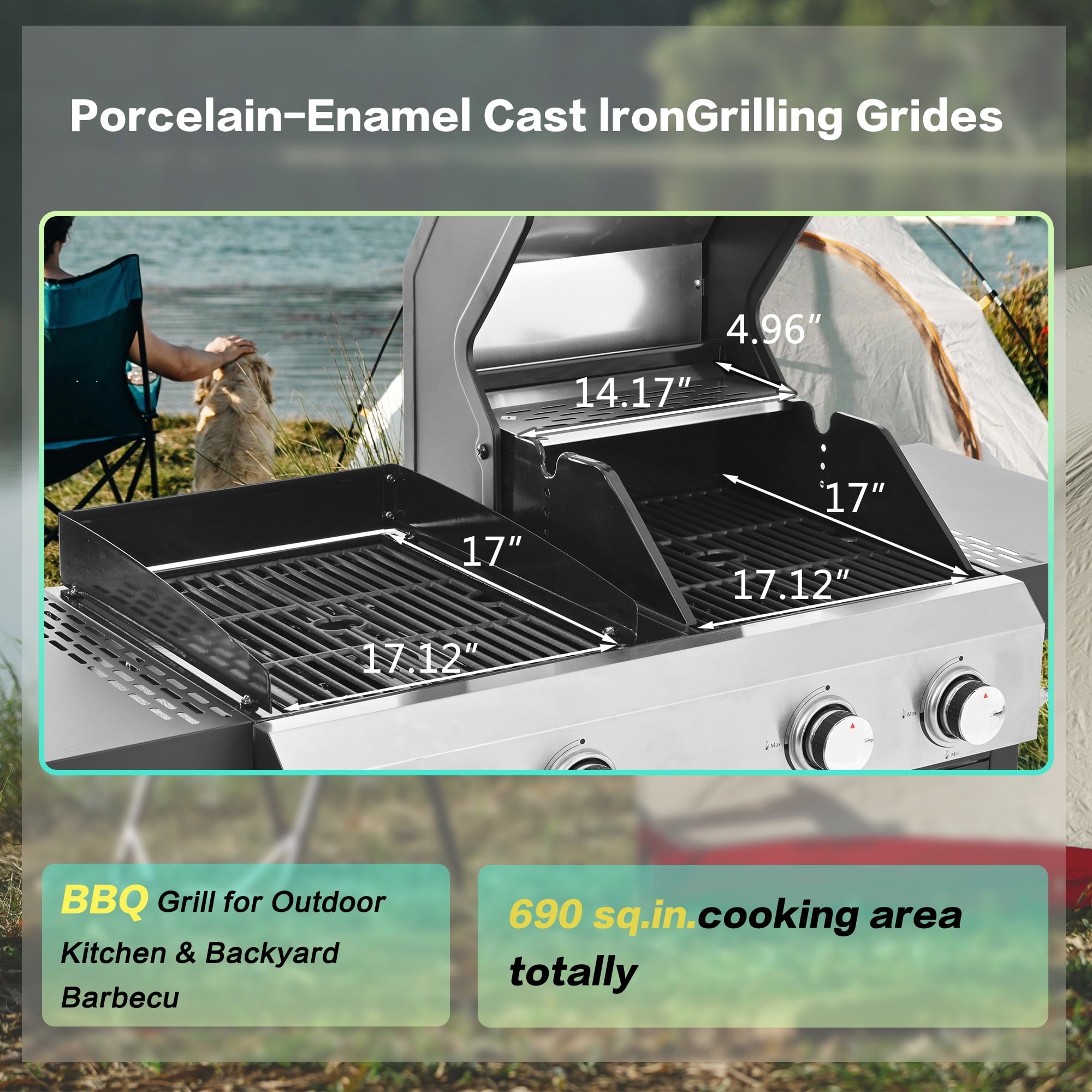 Furnibear 2+2 Multi-function Burner Gas Grill and Griddle, Stainless Steel Cover for Outdoor Cooking While Camping