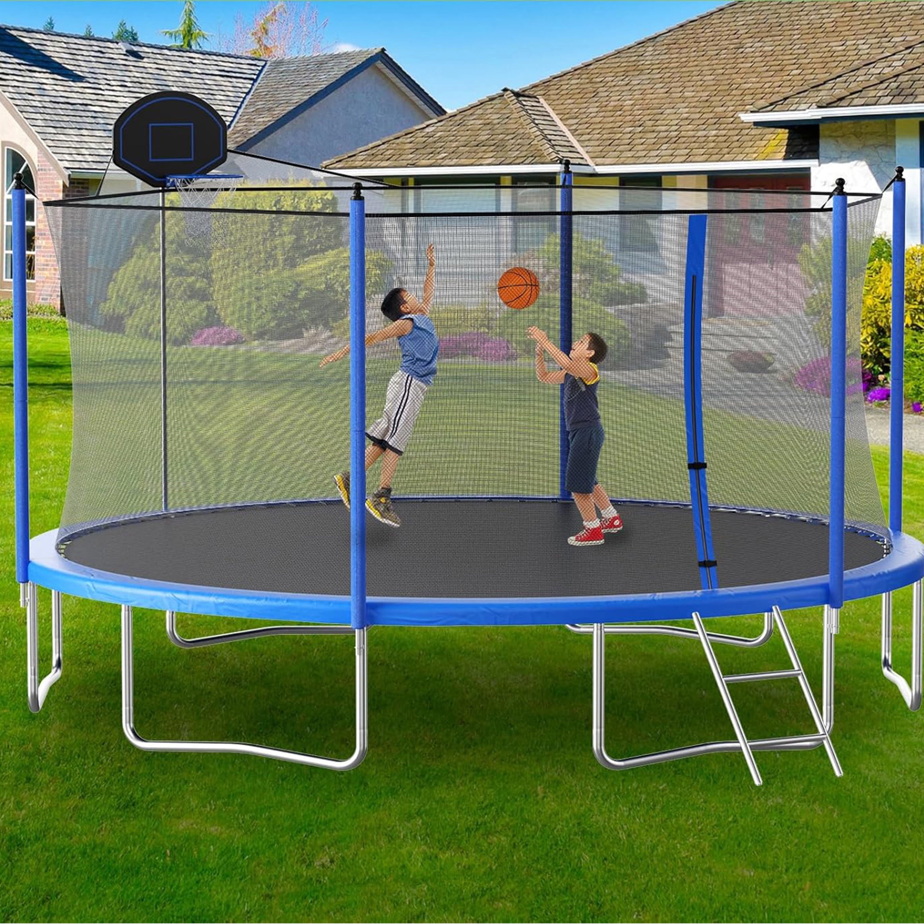 Furnibear 1500 LBS 16 FT Trampoline for Kids and Adults, Heavy-Duty Recreational Outdoor Trampoline with Basketball Hoop and Safety Enclosure Net