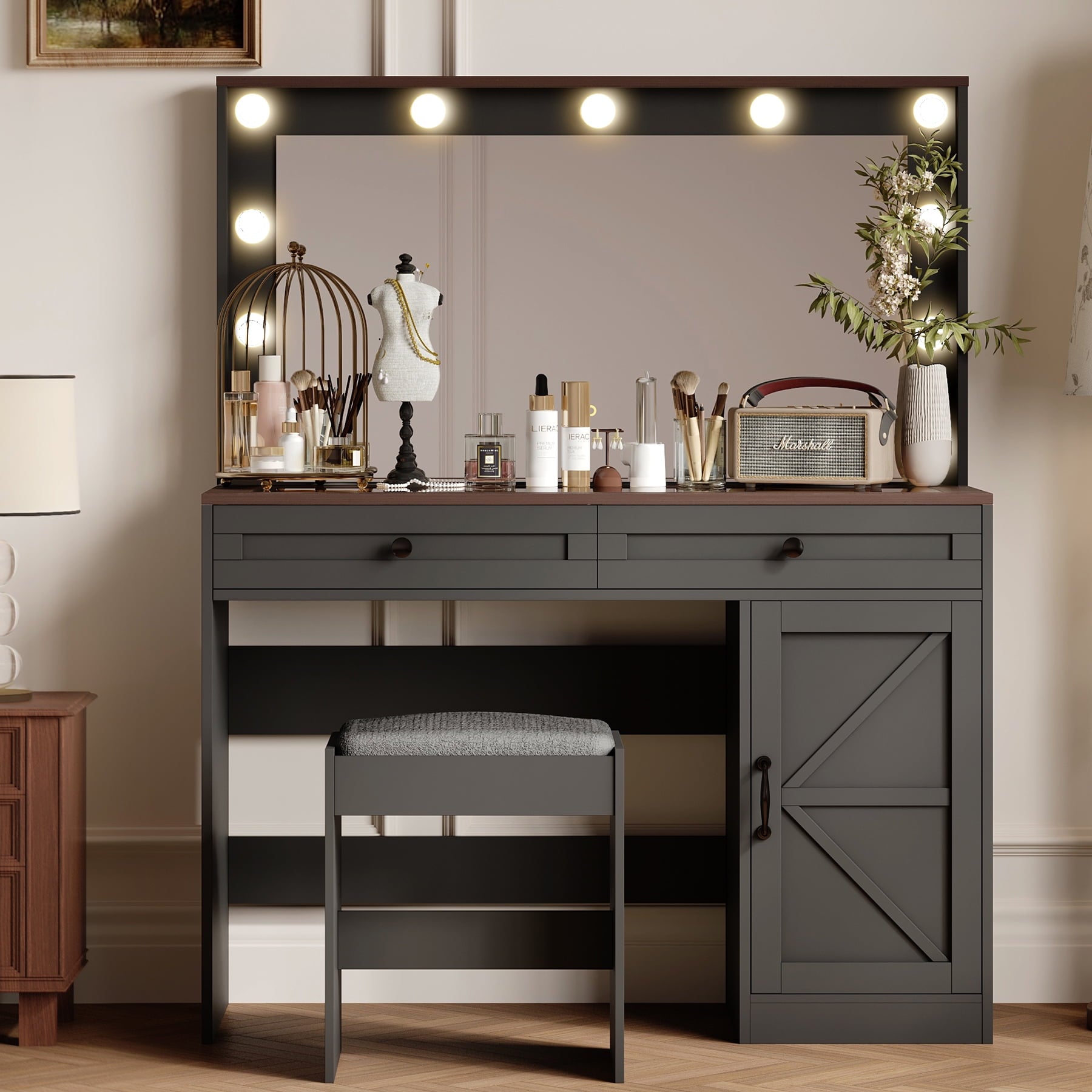 Furnibear Vanity Desk Set with Mirror and Light, Makeup Table with 2 Drawers and Cabinet, 3 Color Modes Brightness Adjustable