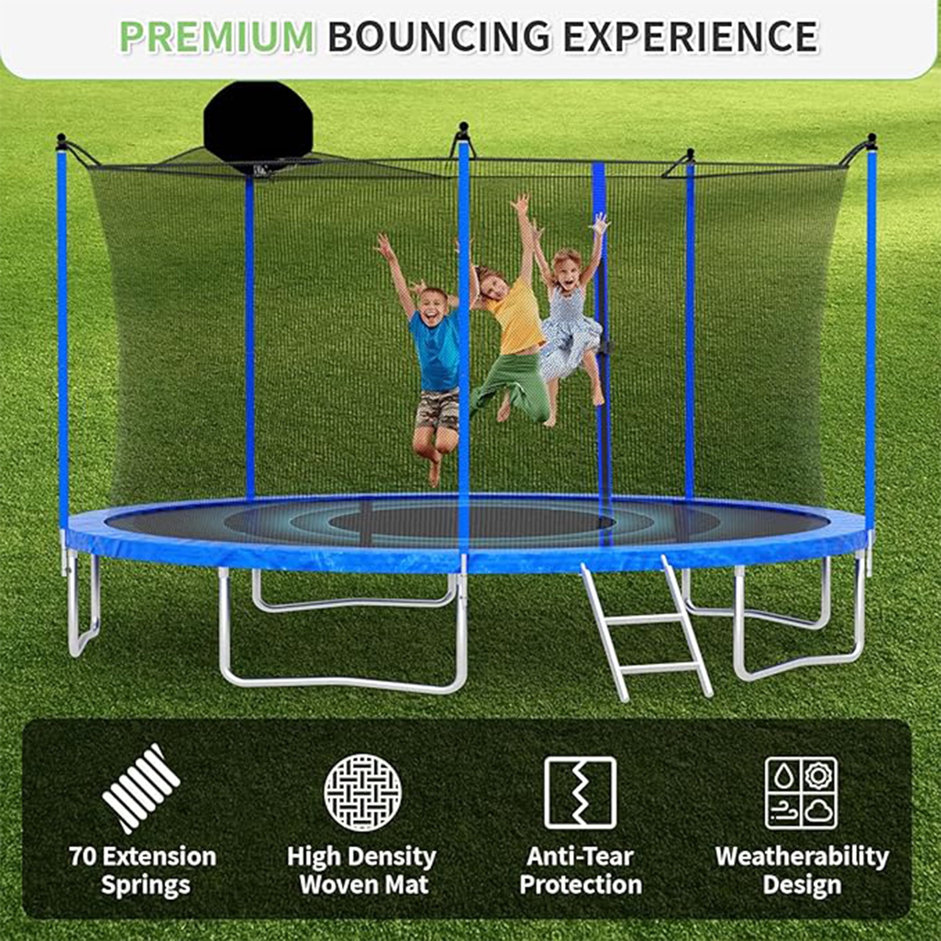 Furnibear 1000 LBS 12 FT Trampoline for Kids and Adults, Heavy-Duty Recreational Outdoor Trampoline with Basketball Hoop and Safety Enclosure Net