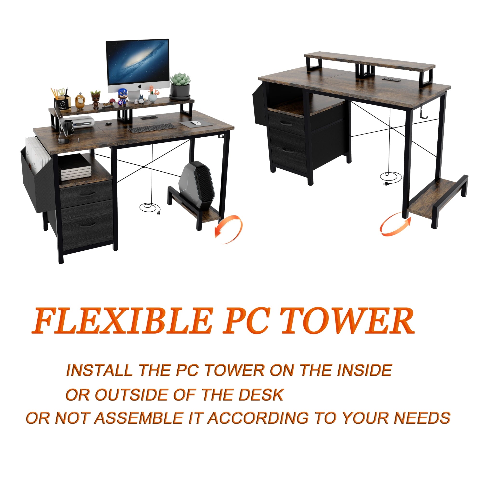 Furnibear Computer Desk with Drawer and Power Outlets, 47in Office Desk with 2 Monitor Stands and Fabric File Cabinet for Home Office, Small Space