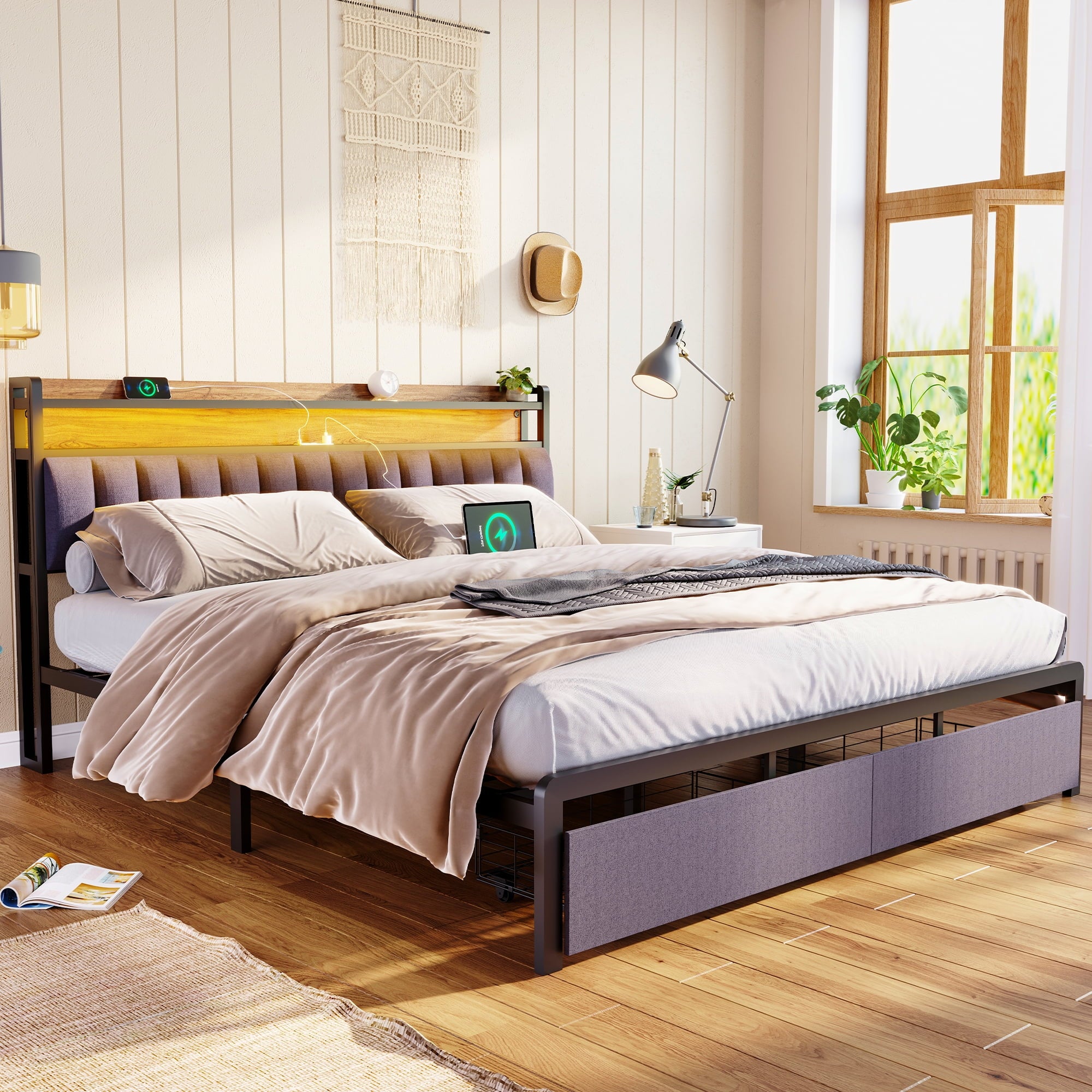 Furnibear King Bed Frame with Upholstered Storage Headboard and Drawers, LED Platform Bed with Charging Station, No Box Spring Needed