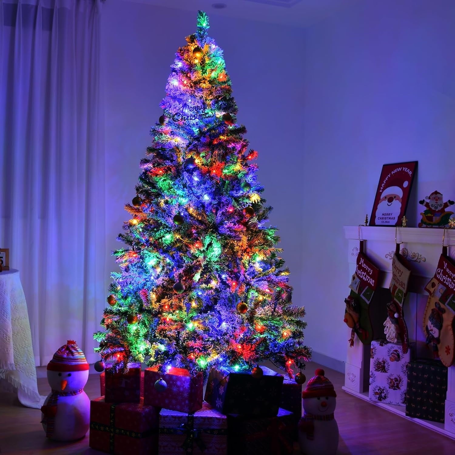 Furnibear 7.9ft Pre-Lit Flocked Christmas Tree, 1108 Tips with 350 Color Changing LED Lights