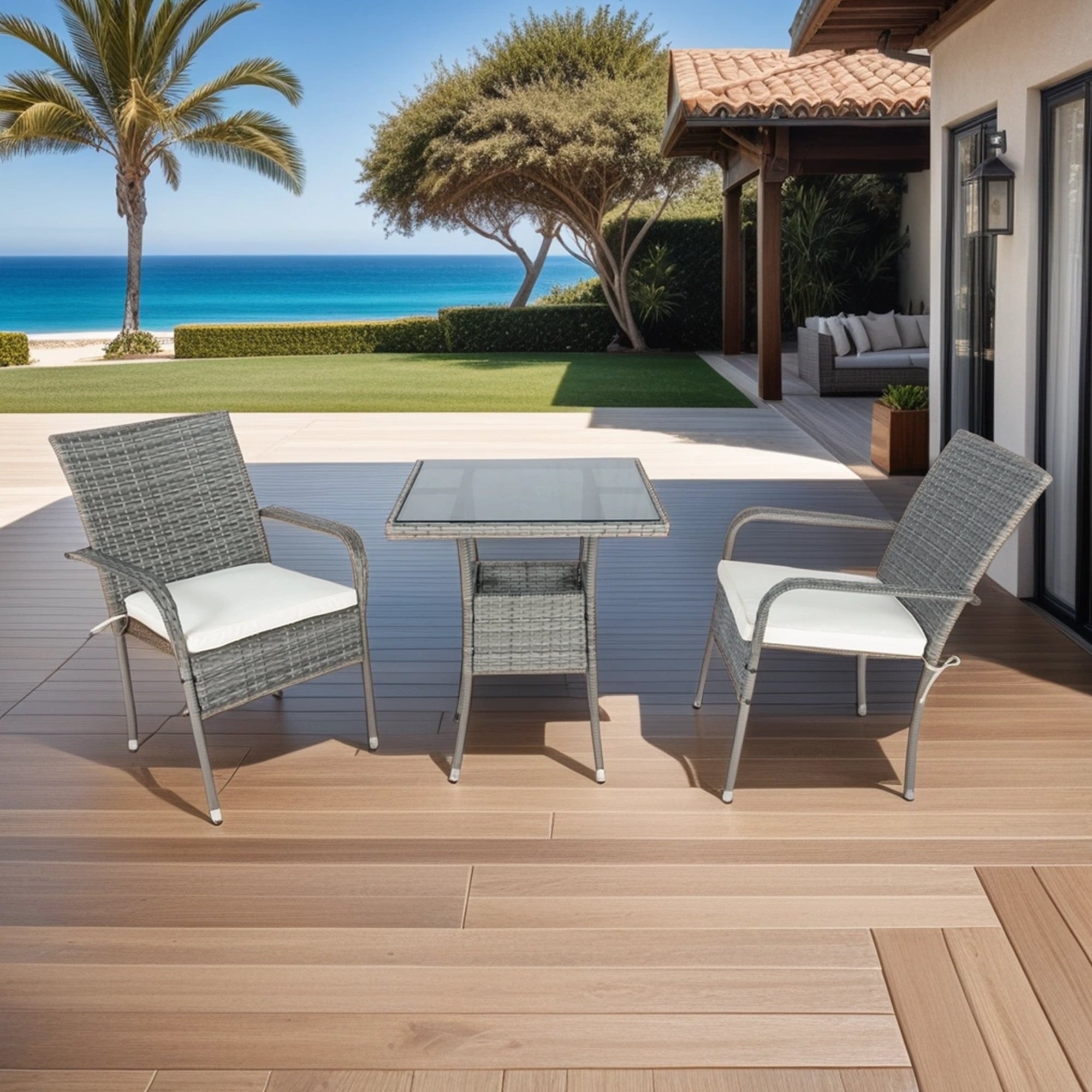 Furnibear 3 Piece Patio Conversation Set, Rattan Wicker Outdoor Conversation Set with Tempered Glass Table and Cushions