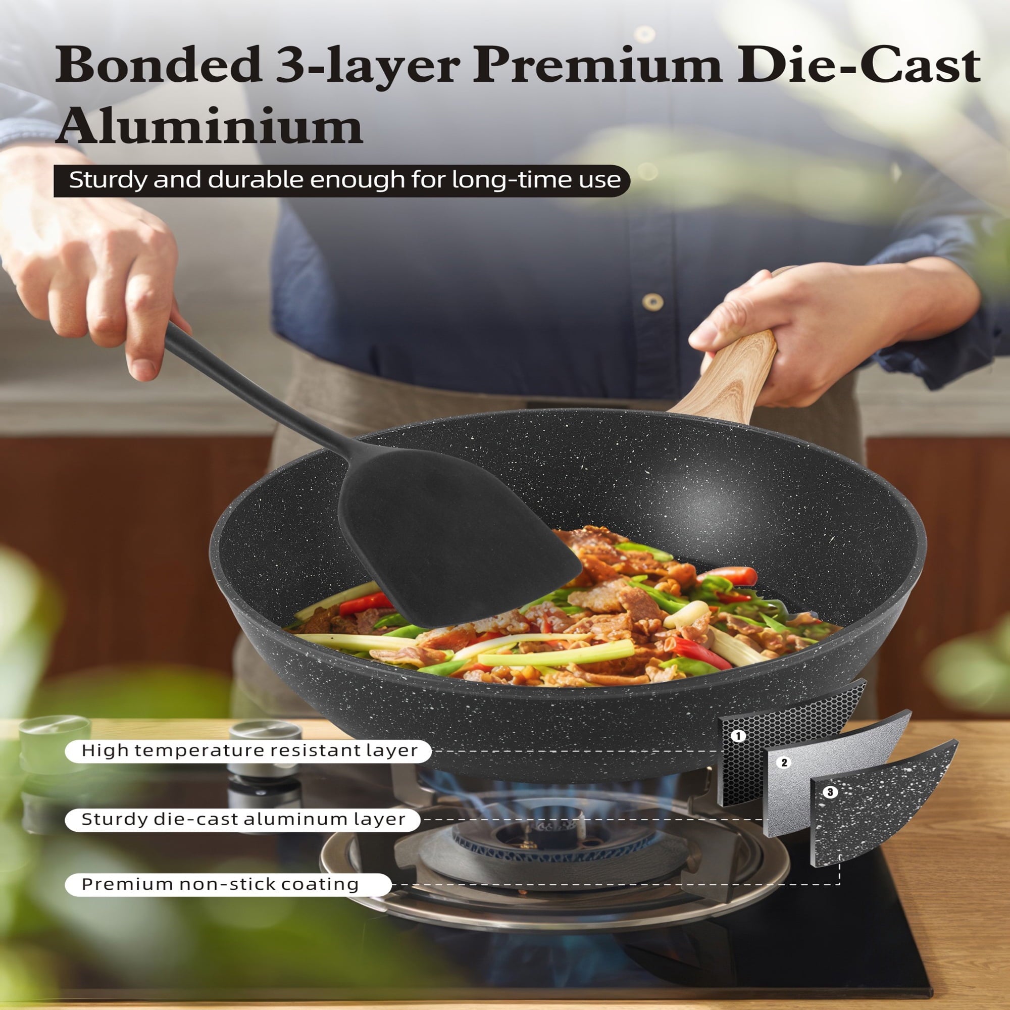 Furnibear?12-Piece Ceramic Nonstick Cookware Set - Granite Coated Frying Pans / Stock Pots, with Silicone Shovel/Spoon/Tongs, Compatible with All Stoves, Easy to Clean