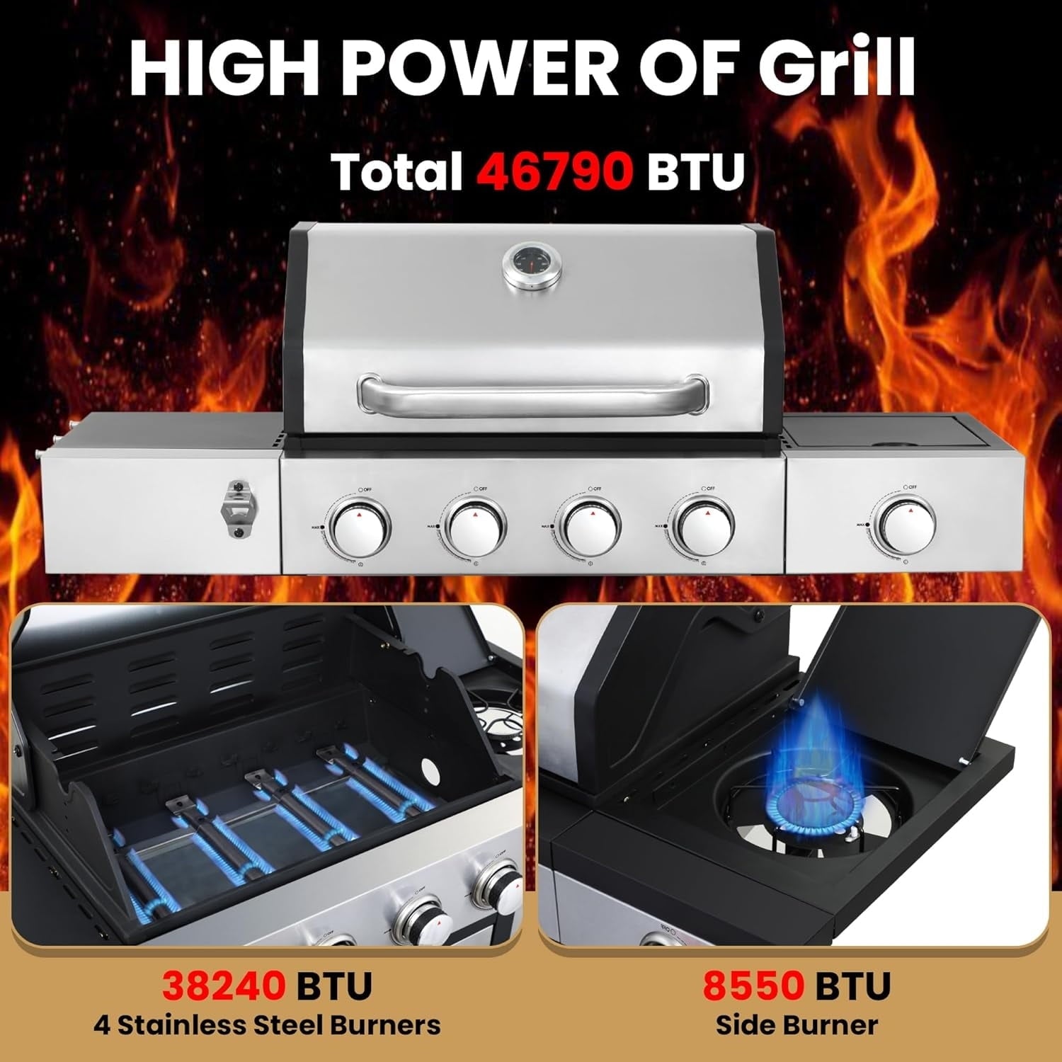 Furnibear 4-Burner Gas Grill Side Burner, Propane Stainless Steel BBQ Grill with Porcelain-Enameled Cast Iron Grates, 46790 BTU Barbecue Grill for Outdoor Cooking