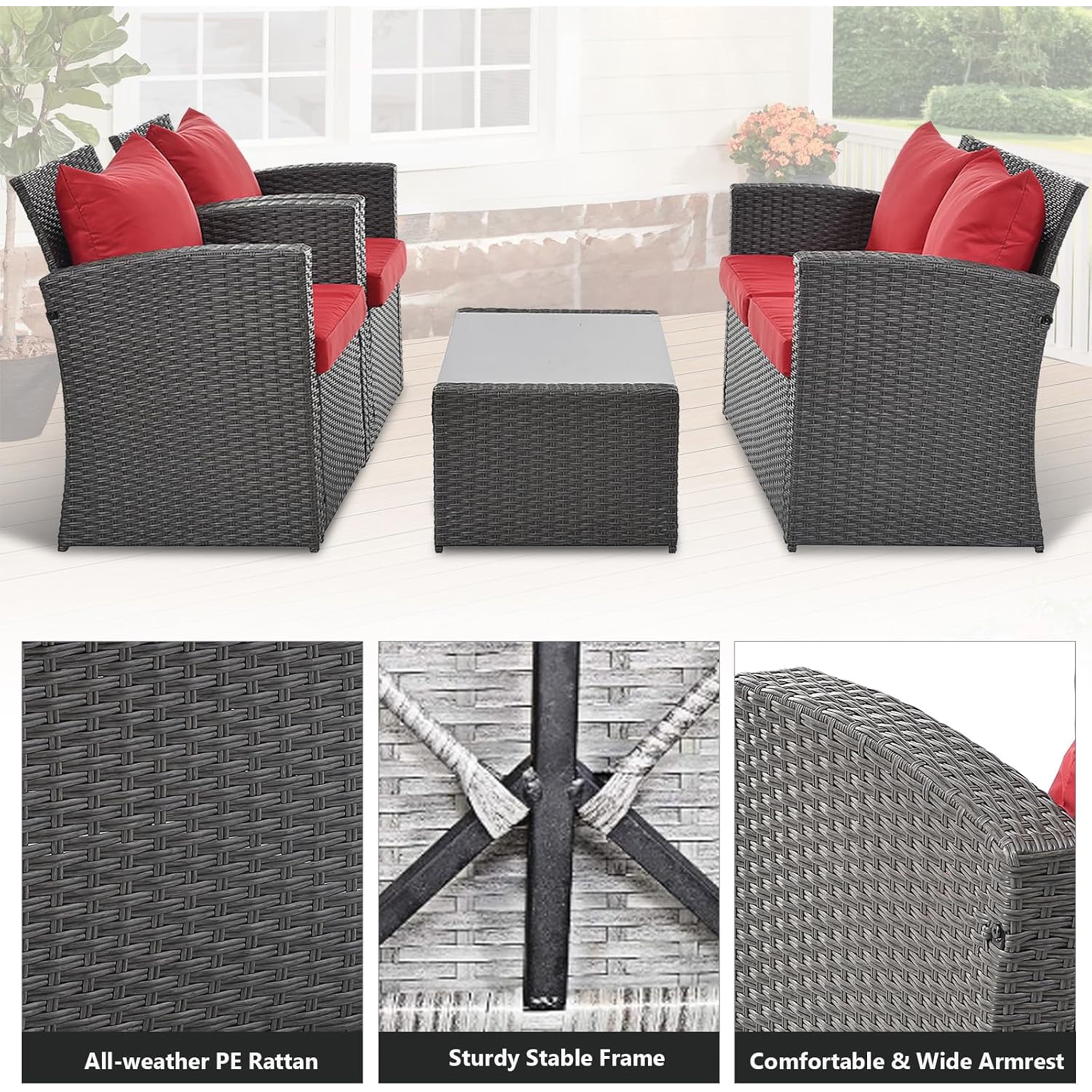 Furnibear 4 Pieces Patio Conversation Set, Outdoor Rattan Sectional Sofa, Cushioned Patio Furniture Set, Wicker Sofa Ideal for Garden, Porch, Backyard