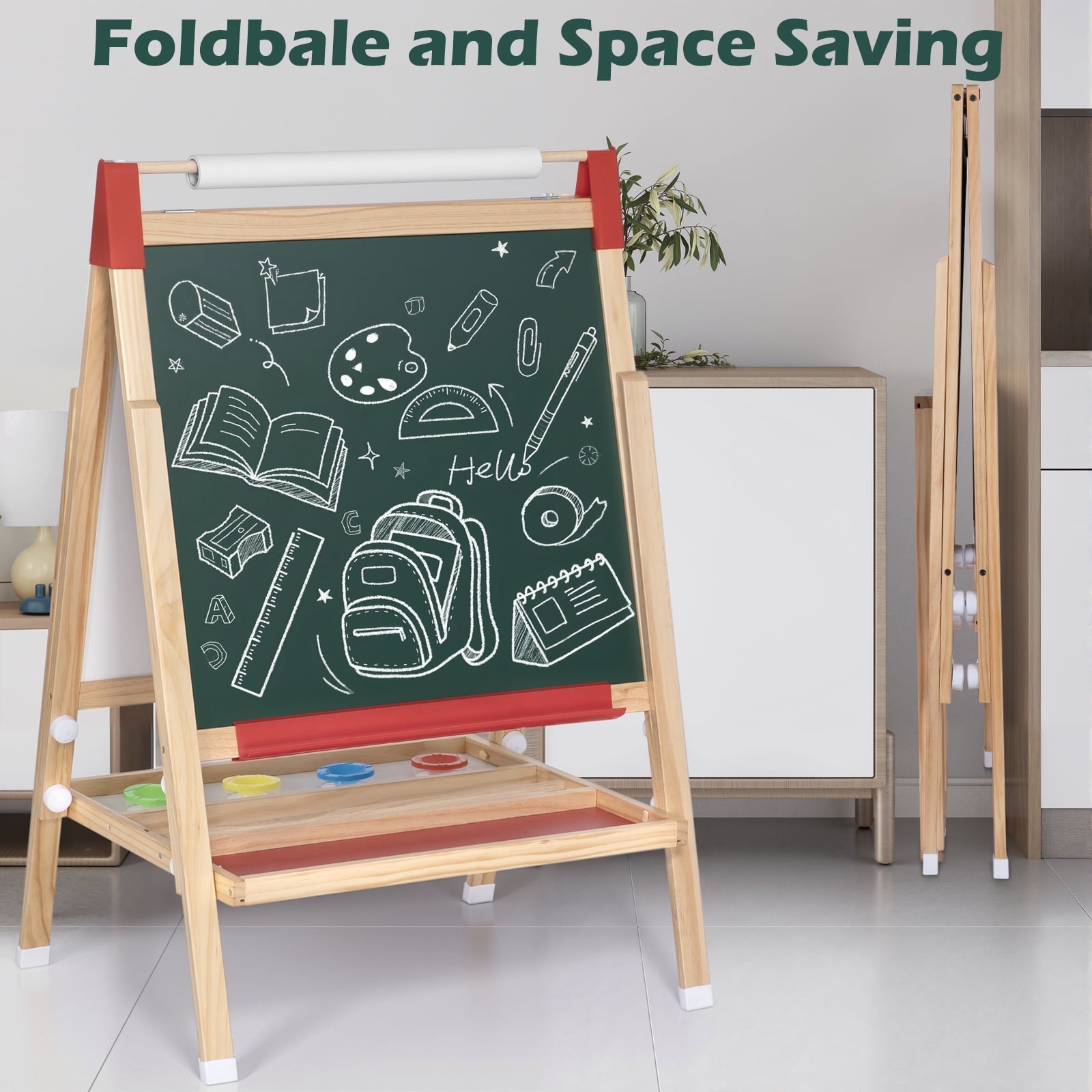 Furnibear Wooden Height-Adjustable Kids Art Easel (Fits Ages 3-12) - Double-Sided Magnetic Board (Dry Erase Whiteboard + Chalkboard), Smooth Burr-Free, Easy to Clean, Wood color