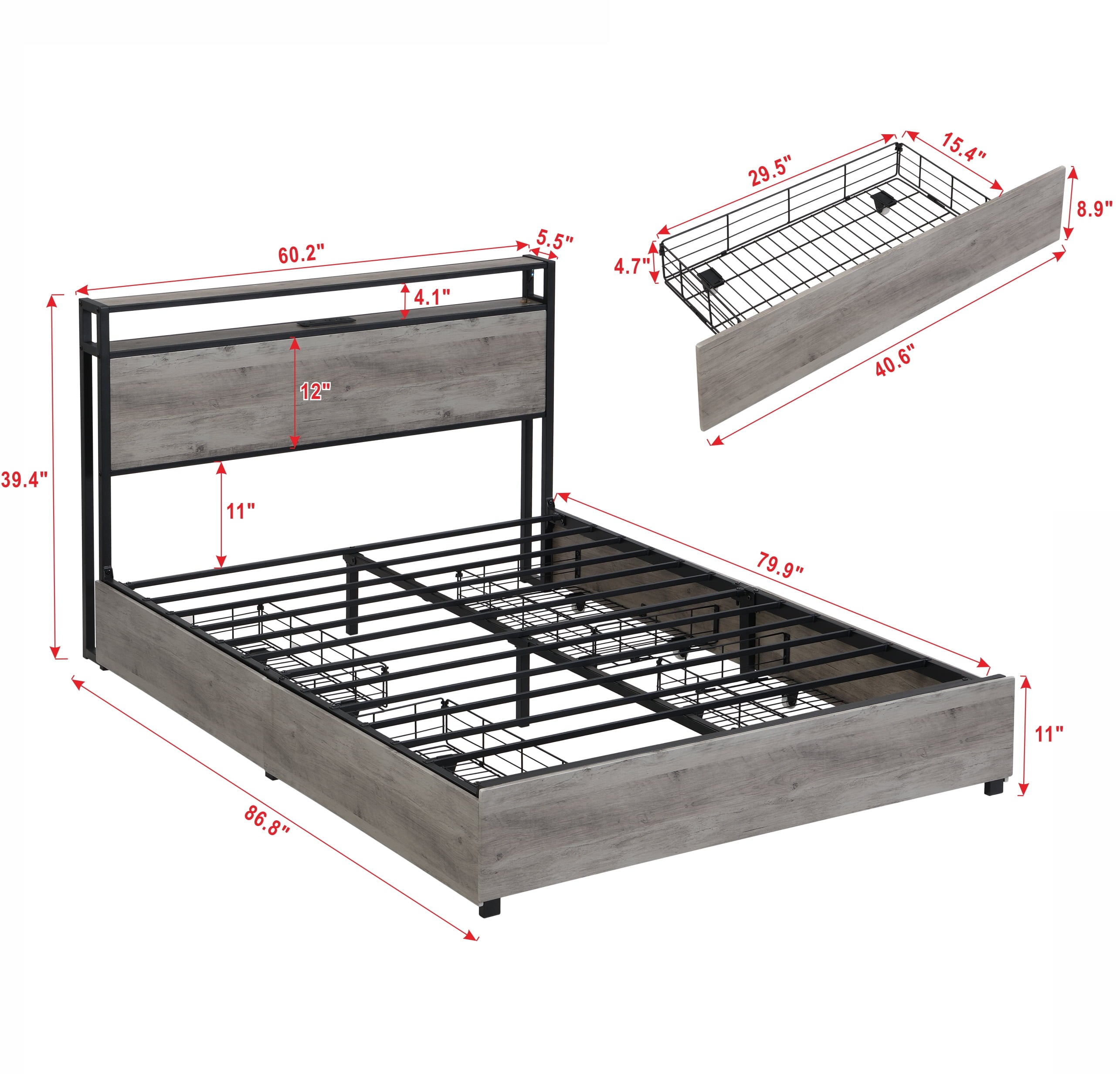 Furnibear Queen Bed Frame with USB Charging Station and Storage Headboard, Heavy-Duty Shake-Free Platform, No Box Spring Needed, Easy Tool-Free Assembly, Gray