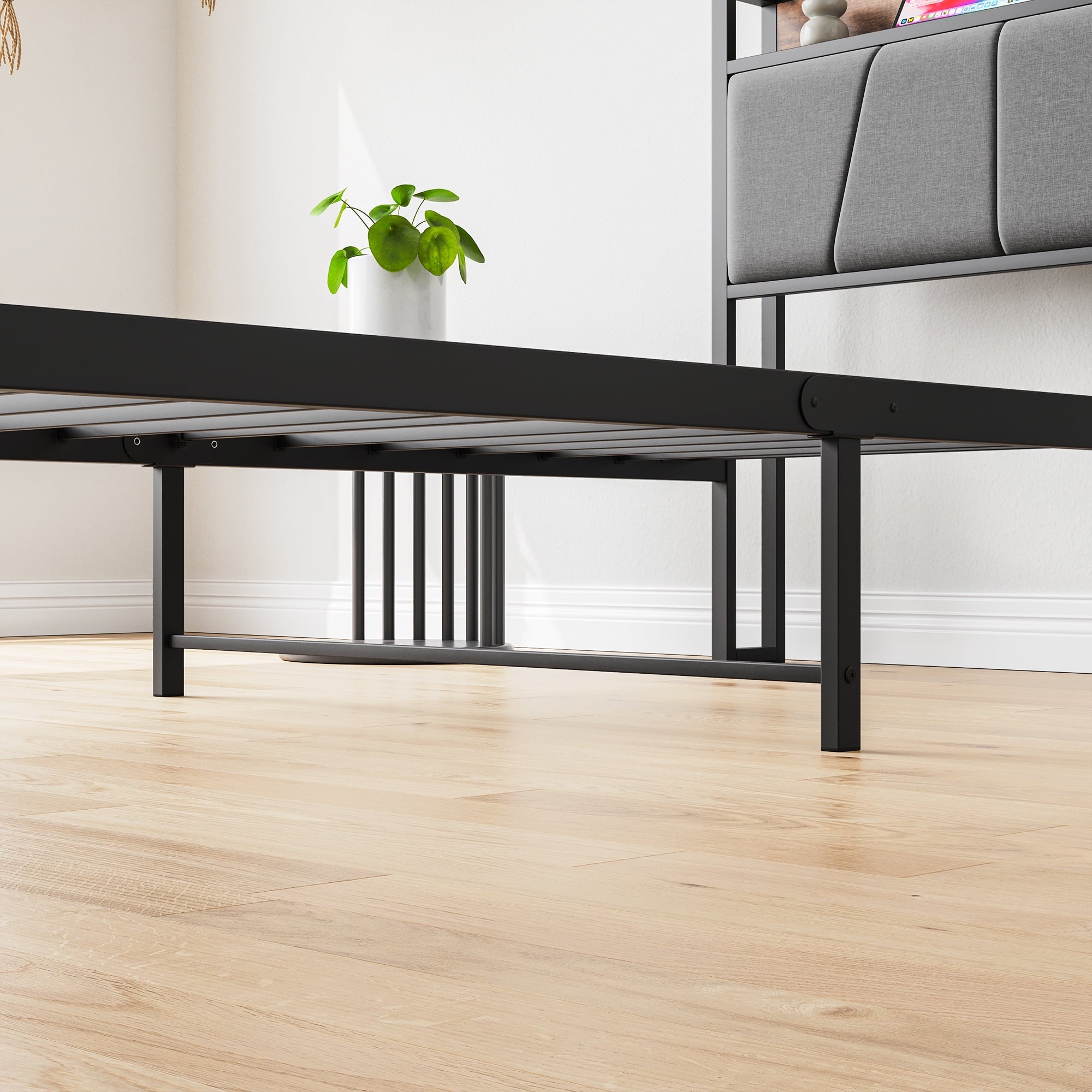 Furnibear TWIN SIZE Bed Frame with Storage Headboard and USB Charging Station, Sturdy Shake-Free Platform, No Box Spring Needed, Easy Tool-Free Assembly