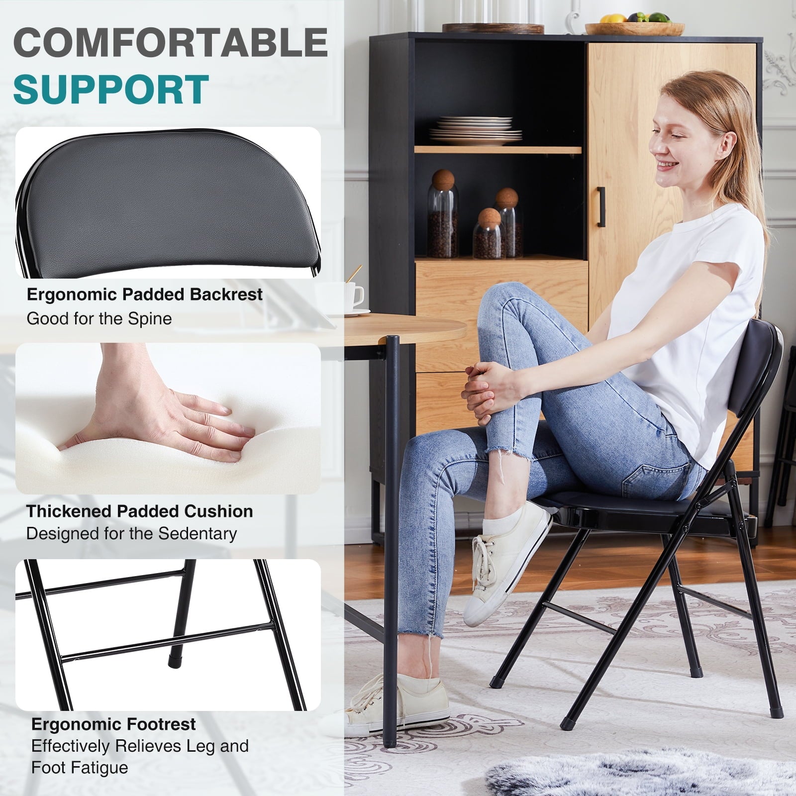 Furnibear 4 Pack Folding Chairs, Leather Padded Cushion Chairs with Comfortable Cushion and Stainless Steel Frame for Home and Office, for Indoor and Outdoor Events