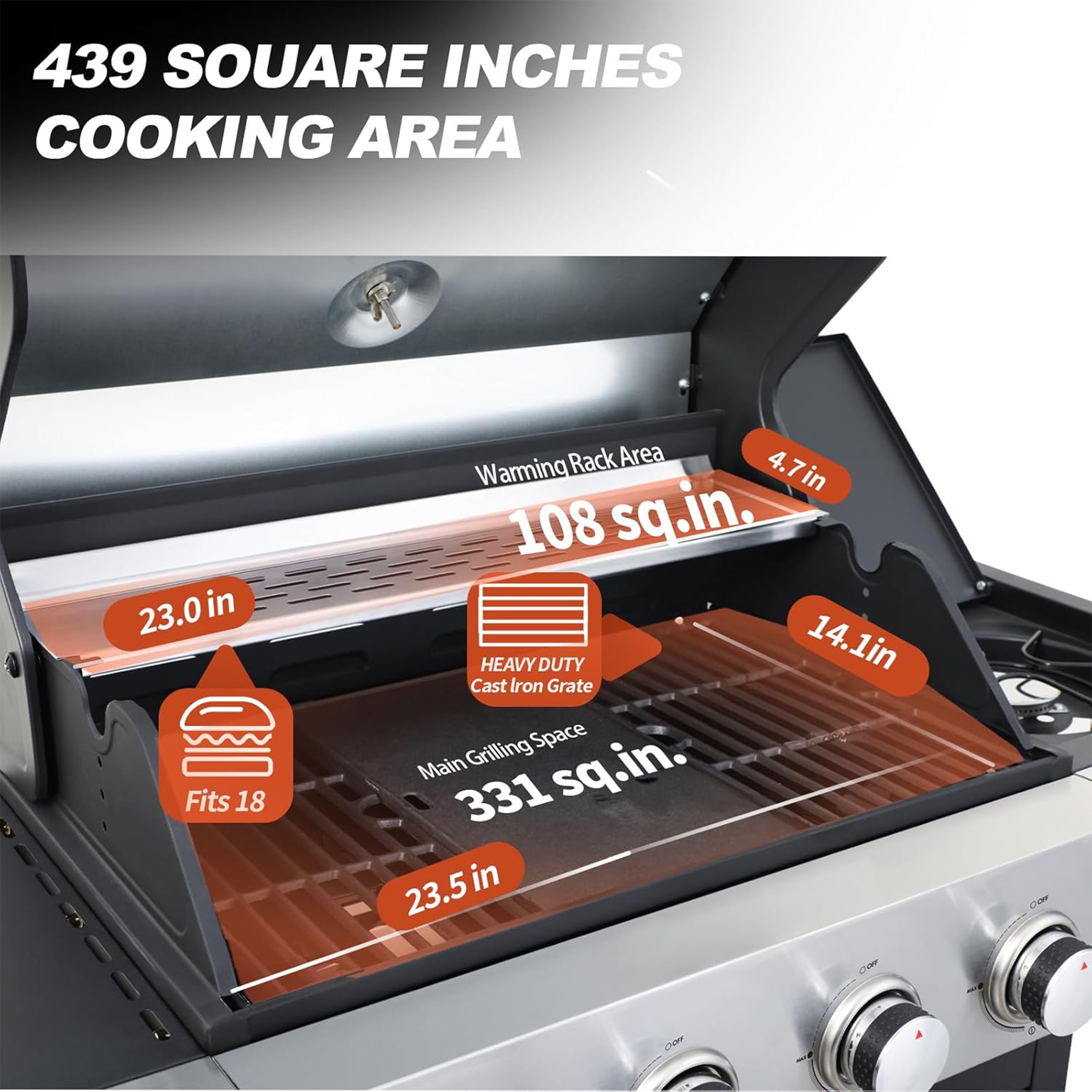 Furnibear 4-Burner Gas Grill Side Burner, Propane Stainless Steel BBQ Grill with Porcelain-Enameled Cast Iron Grates, 46790 BTU Barbecue Grill for Outdoor Cooking