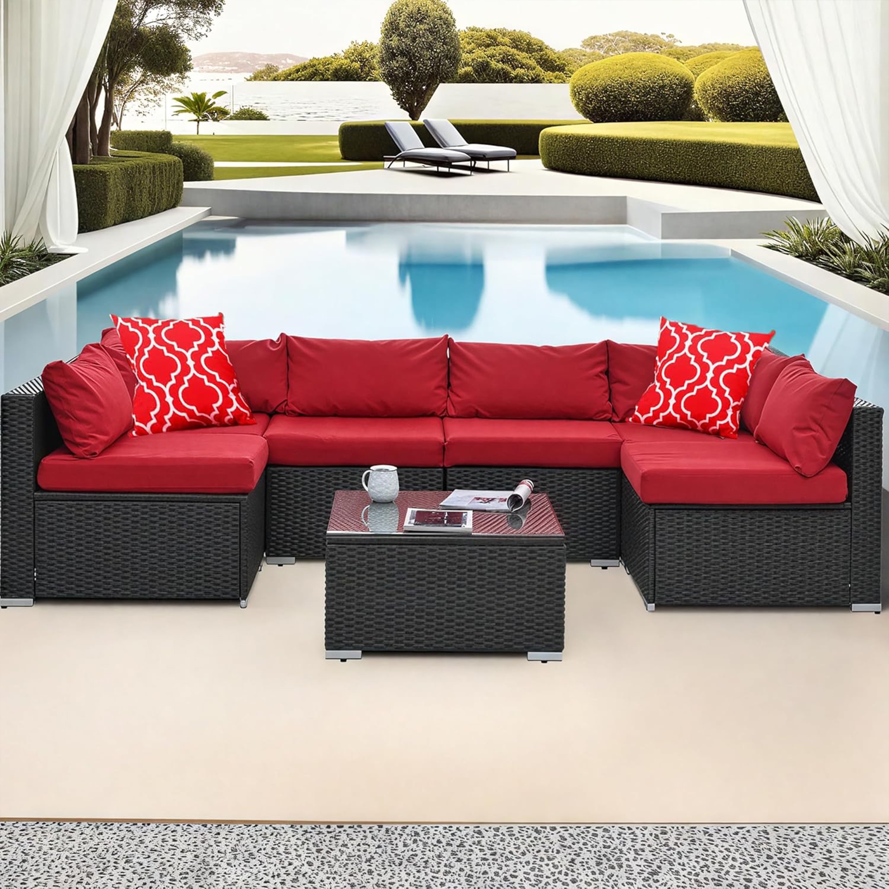 Furnibear 7 Pieces Outdoor Patio Sectional Sofa Couch, Black Wicker Patio Furniture Conversation Sets with Washable Cushions and Glass Coffee Table for Garden, Poolside, Backyard