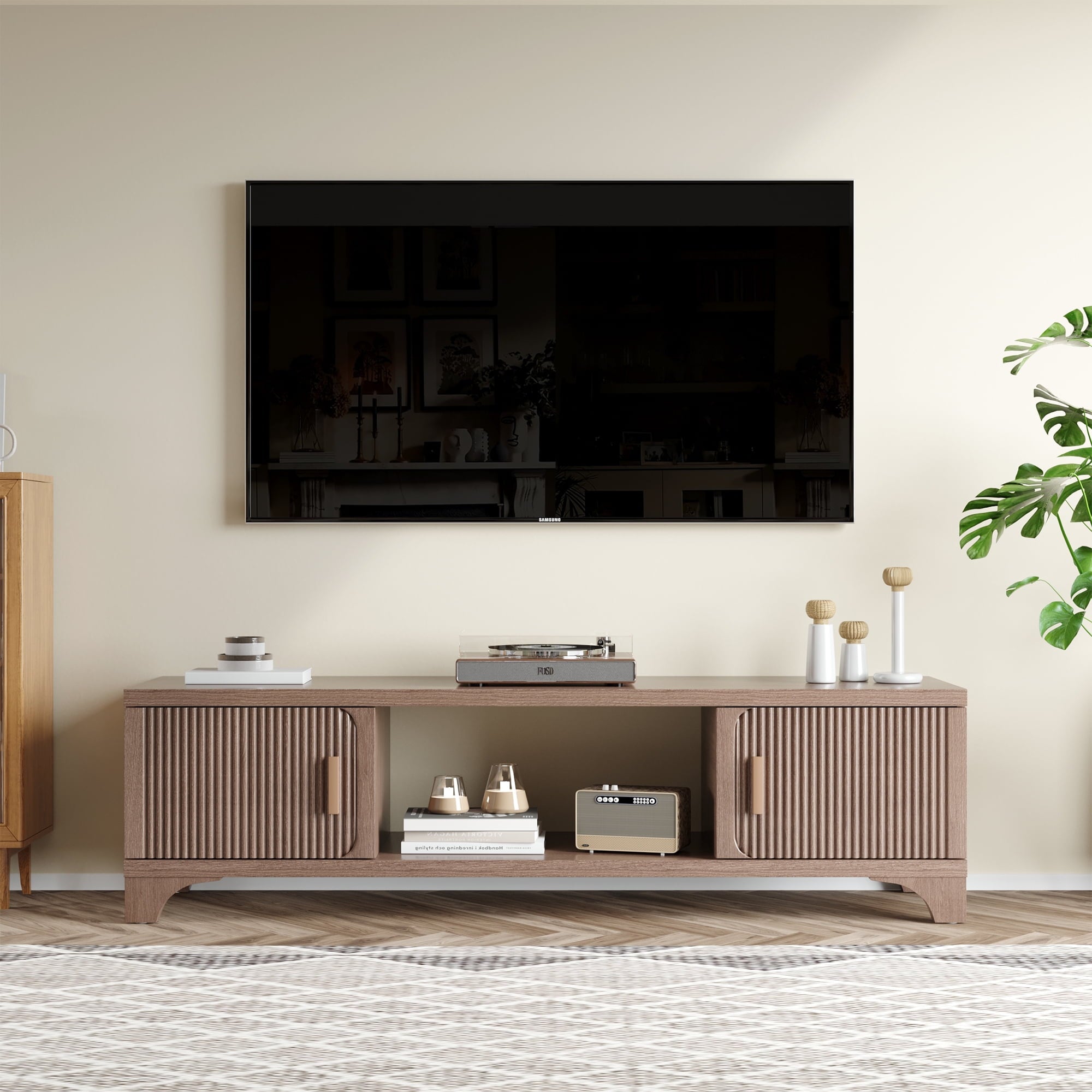 Furnibear Wood TV Stand Up to 70 Inch for Living Room, Mid Century Modern Entertainment Center, TV Console with Fluted Door Cabinets and Open Shelves, for Bedroom, Walnut