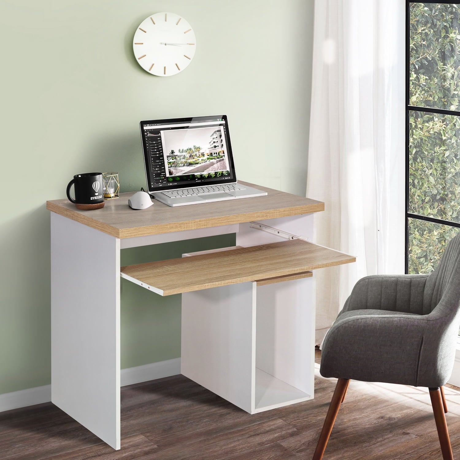 Furnibear Bicolor Writing-Computer Desk with Storage, Large Students-Study Desk with Shelf Home-Office PC Laptop Table Modern Wood Workstation, Oak and White