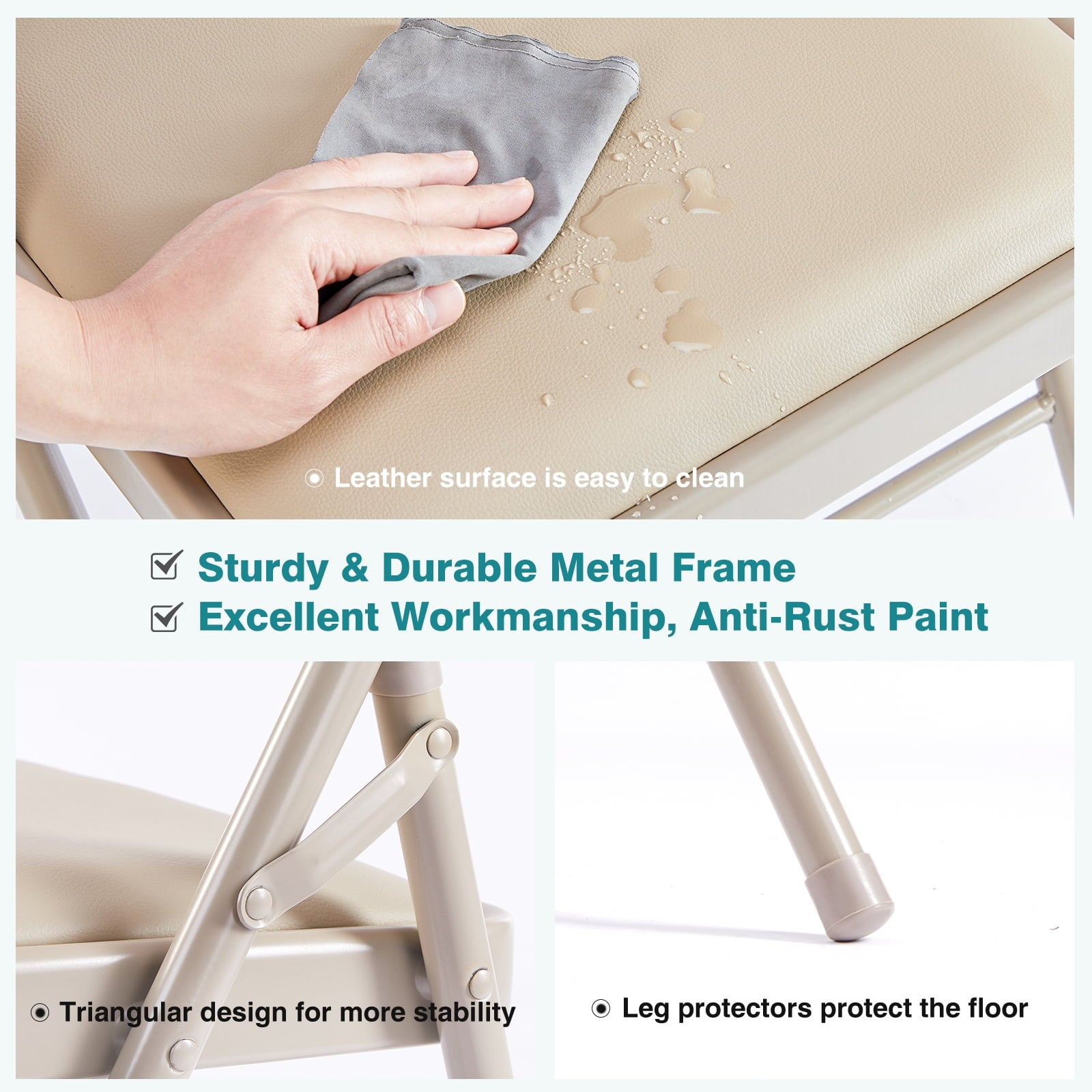 Furnibear 4 Pack Folding Chairs, Leather Padded Cushion Chairs with Comfortable Cushion and Stainless Steel Frame for Home and Office, for Indoor and Outdoor Events