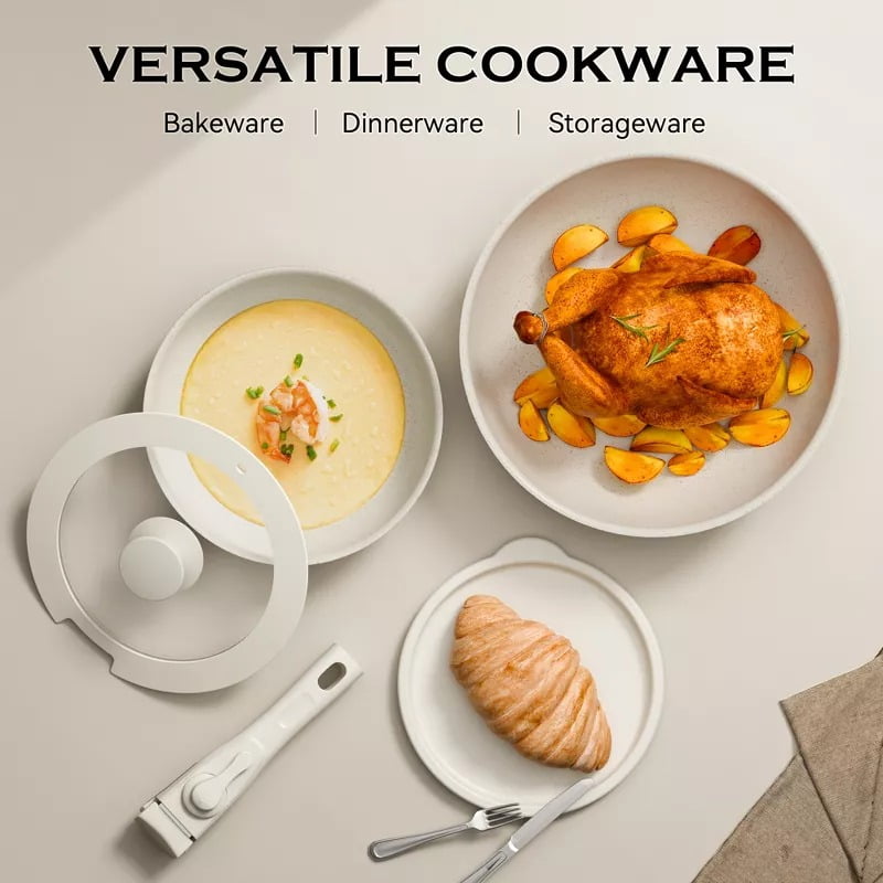 Furnibear 18-Piece Granite Ceramic Nonstick Cookware Set-Detachable Handle for Space-Saving, Compatible with Induction/Gas Stoves, Oven,Dishwasher Safe, White