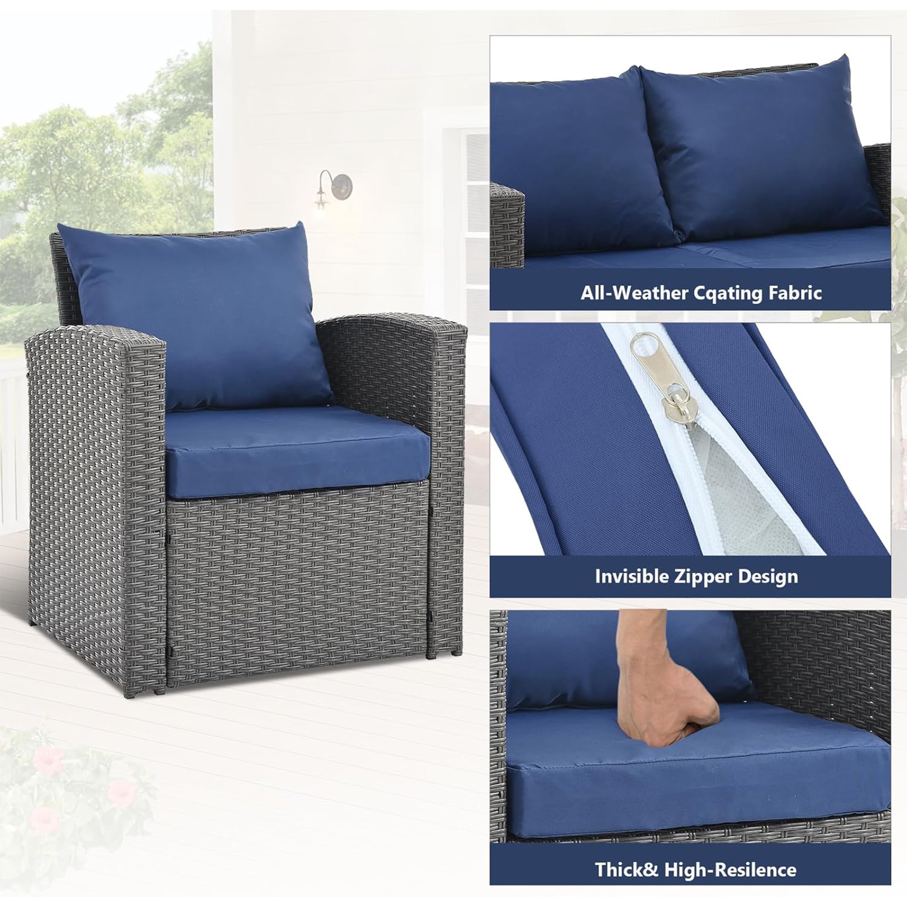Furnibear 4 Pieces Patio Conversation Set, Outdoor Rattan Sectional Sofa, Cushioned Patio Furniture Set, Wicker Sofa Ideal for Garden, Porch, Backyard