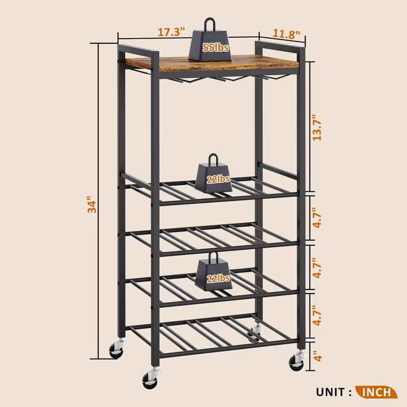 Furnibear 5-Tier Rolling Wine Rack with Glass Holder Tabletop - Holds 16 Bottles, Rustic Brown Iron/Wood Design for Kitchen, Bar or Dining Room