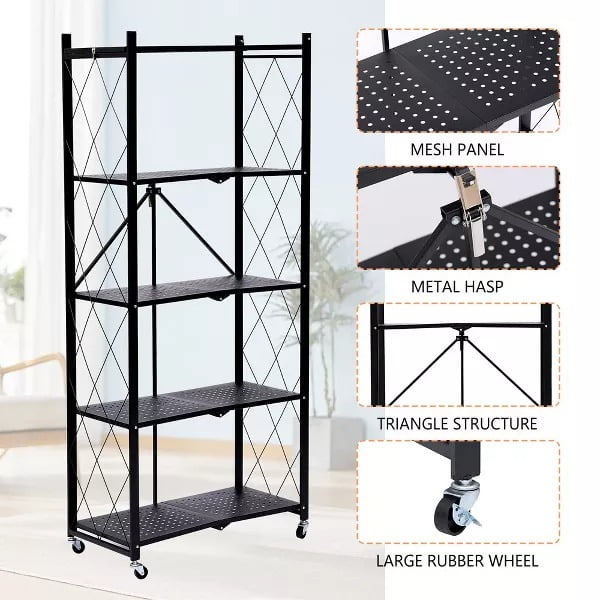 Furnibear 5-Tier Heavy-Duty Foldable Storage Shelf with Lockable Wheels (750 lbs Capacity) - No Assembly Metal Organizer Rack for Home/Garage/Office, Instant Setup Anti-Wobble, Black