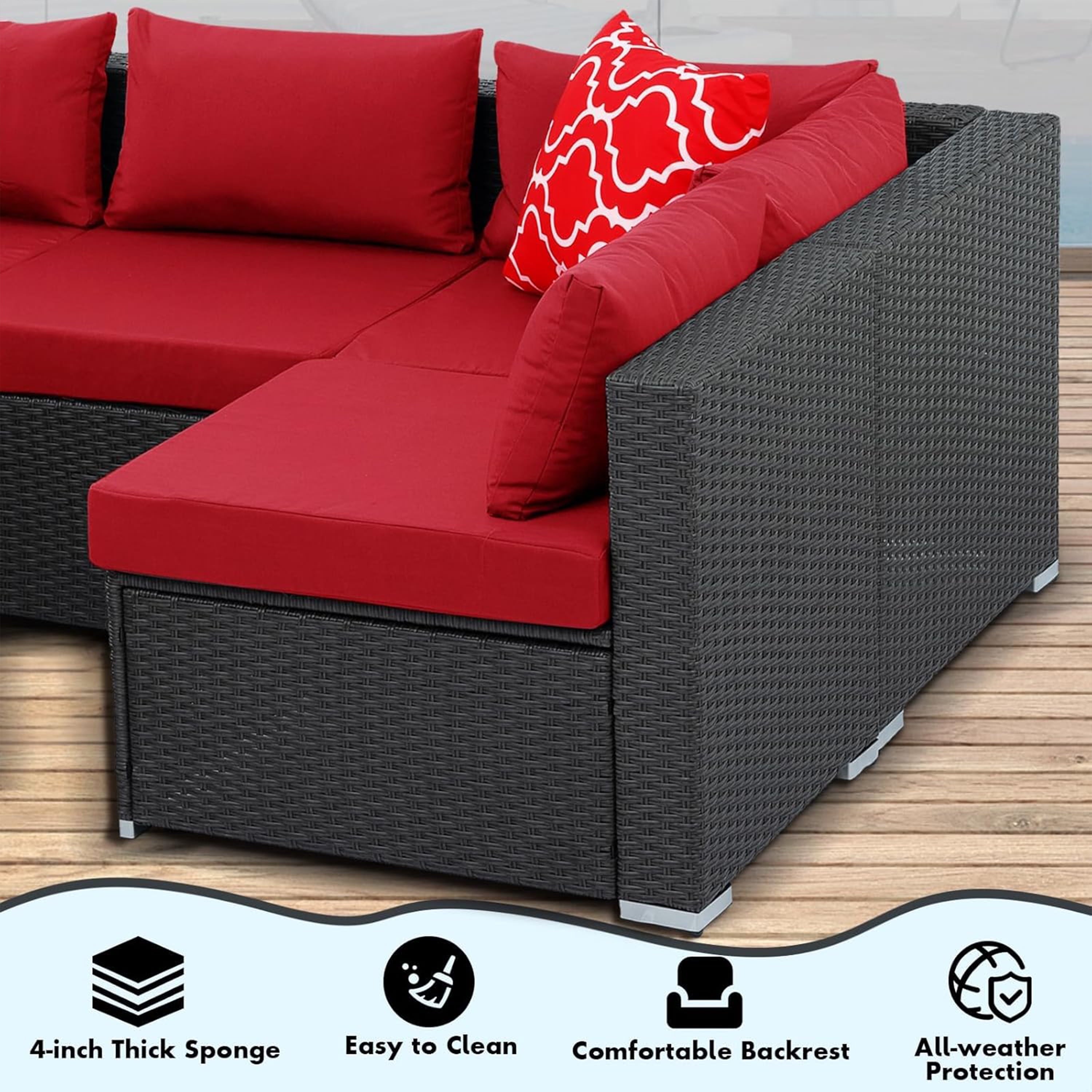 Furnibear 7 Pieces Outdoor Patio Sectional Sofa Couch, Black Wicker Patio Furniture Conversation Sets with Washable Cushions and Glass Coffee Table for Garden, Poolside, Backyard