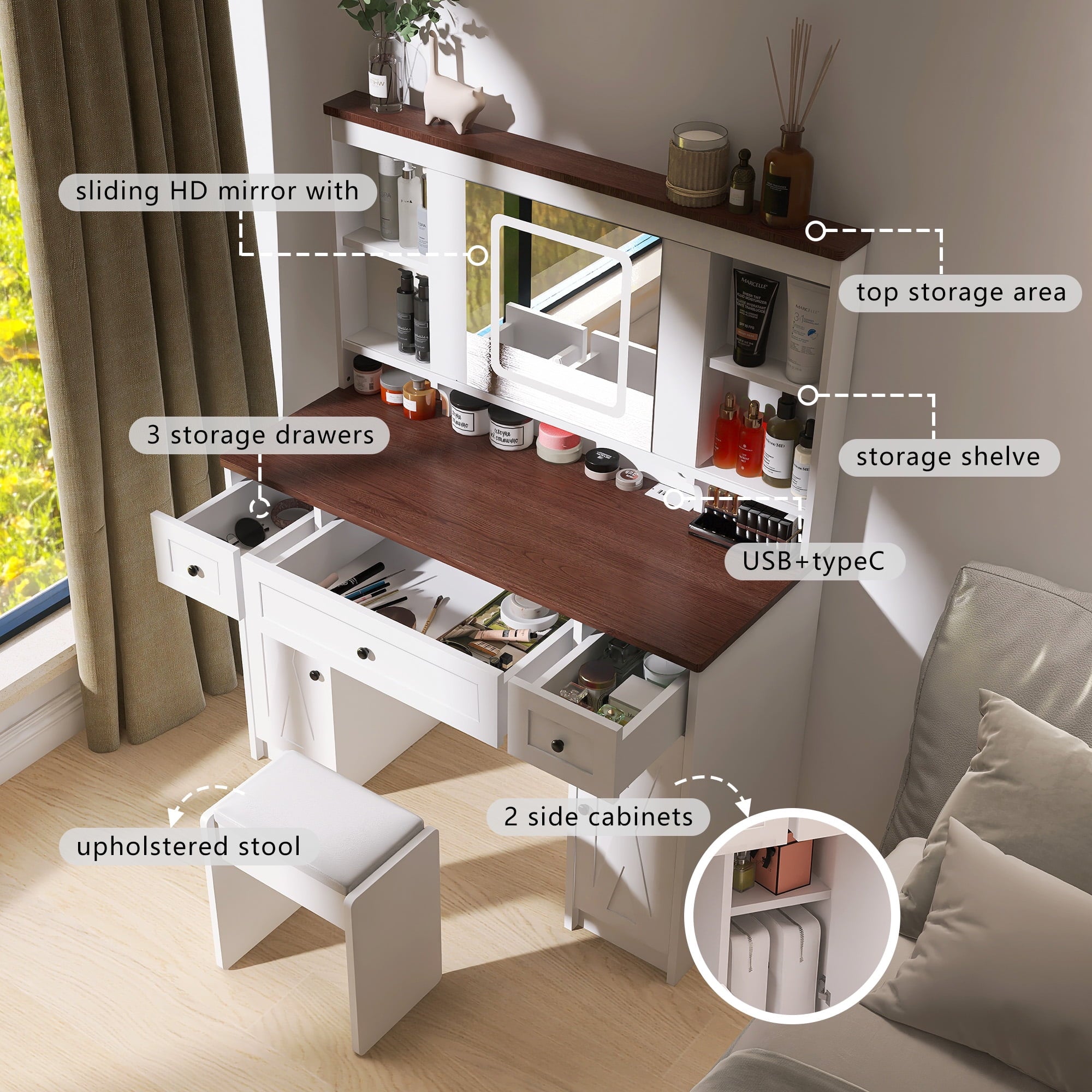 Furnibear Vanity Desk Set with Mirror and Light, Farmhouse Makeup Table with Charging Station, Drawers and Cabinet, 3 Color Modes Brightness Adjustable