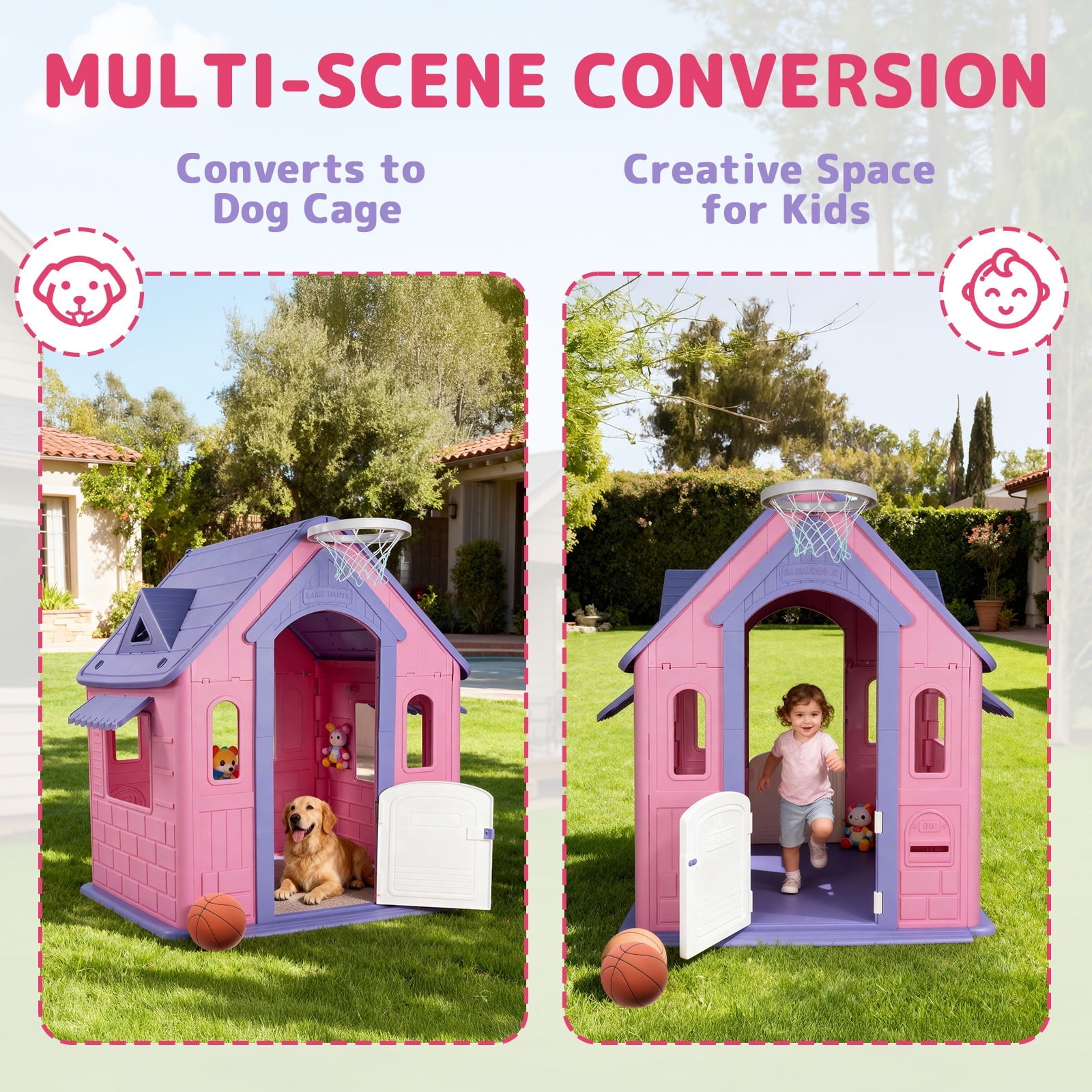 Furnibear Kids Playhouse Indoor Outdoor Slide Football Basketball Ring Toss Play House for Girls Boys Kids 2-8 Years Old