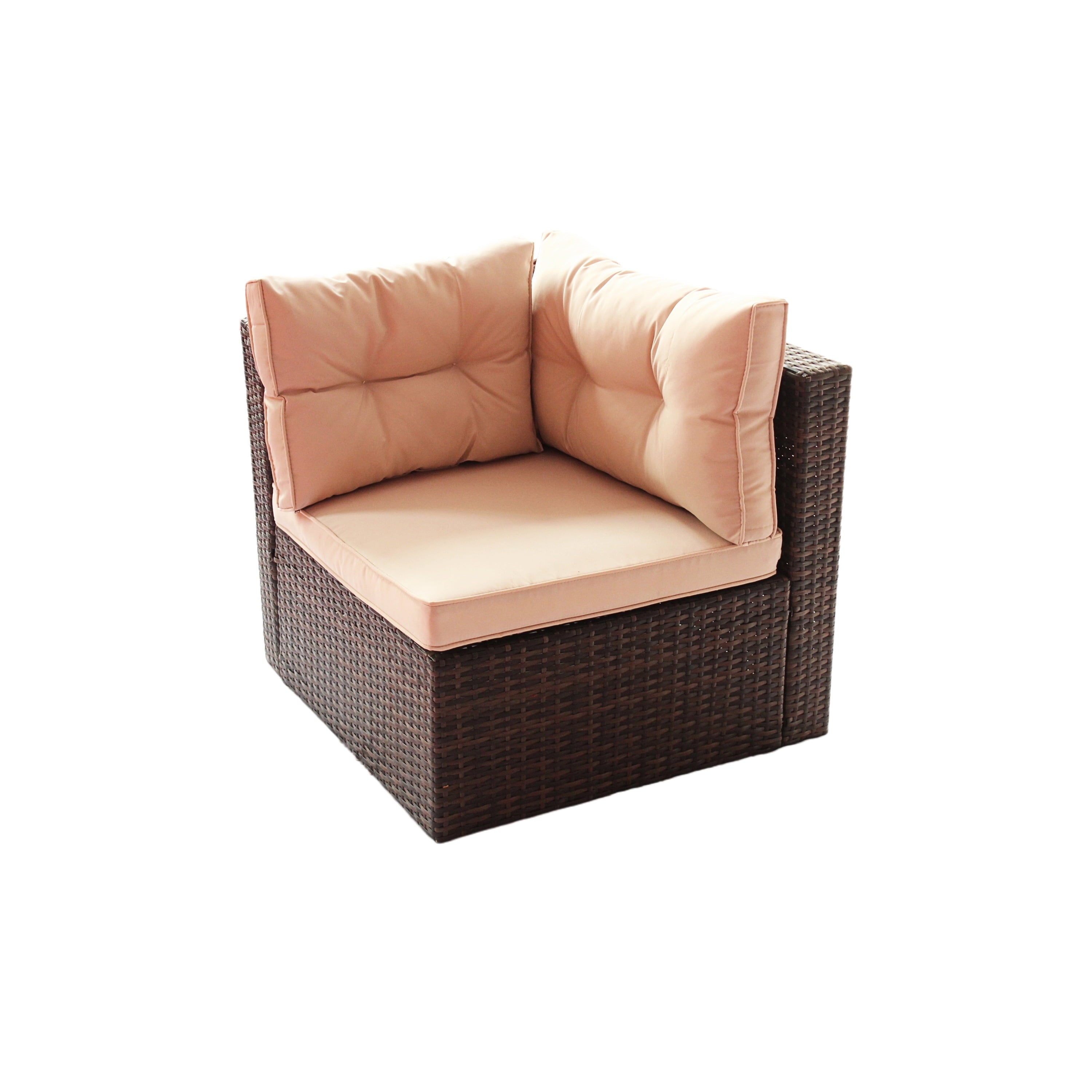 Furnibear 7 Pieces Outdoor Patio Sectional Sofa Couch, Brown Wicker Patio Furniture Conversation Sets with Washable Cushions and Glass Coffee Table for Garden, Poolside, Backyard
