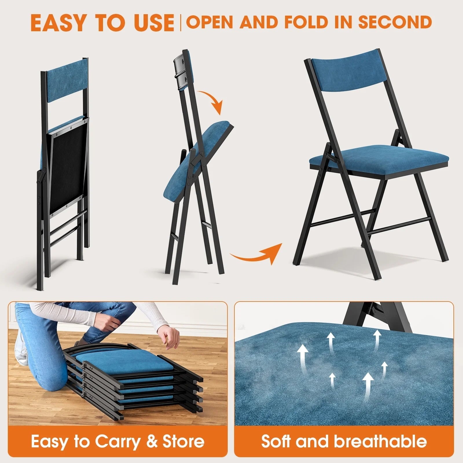 Furnibear 4-Pack Padded Folding Chairs with Metal Frame and Cushioned Seat for Home, Office, Dining, Black