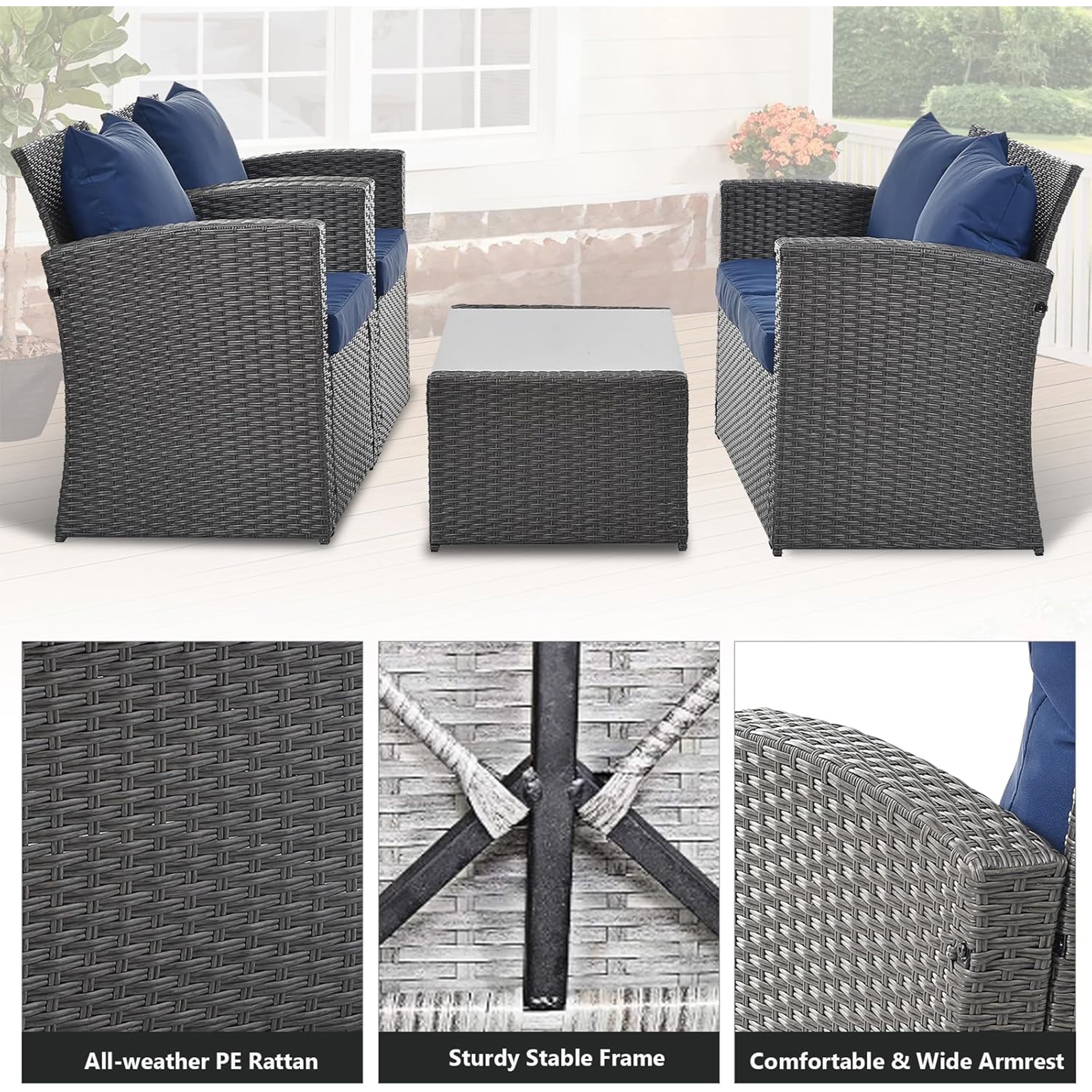 Furnibear 4 Pieces Patio Conversation Set, Outdoor Rattan Sectional Sofa, Cushioned Patio Furniture Set, Wicker Sofa Ideal for Garden, Porch, Backyard