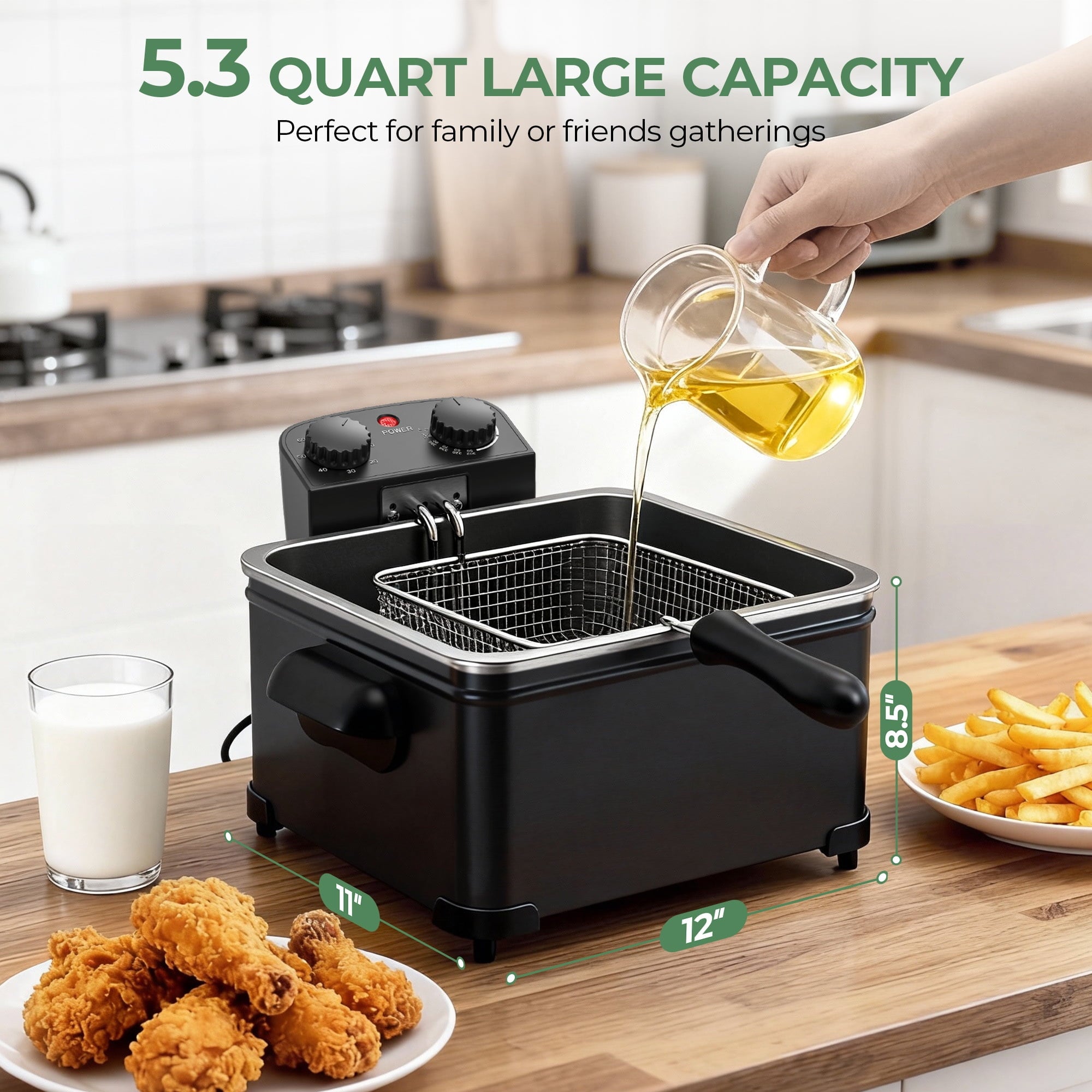 Furnibear Electric Deep Fryer with 3 Frying Baskets, 5L 1700W Large Fryer Adjustable Temperature,View Window Lid for Kitchen, Fry Fish for Home Use,Black