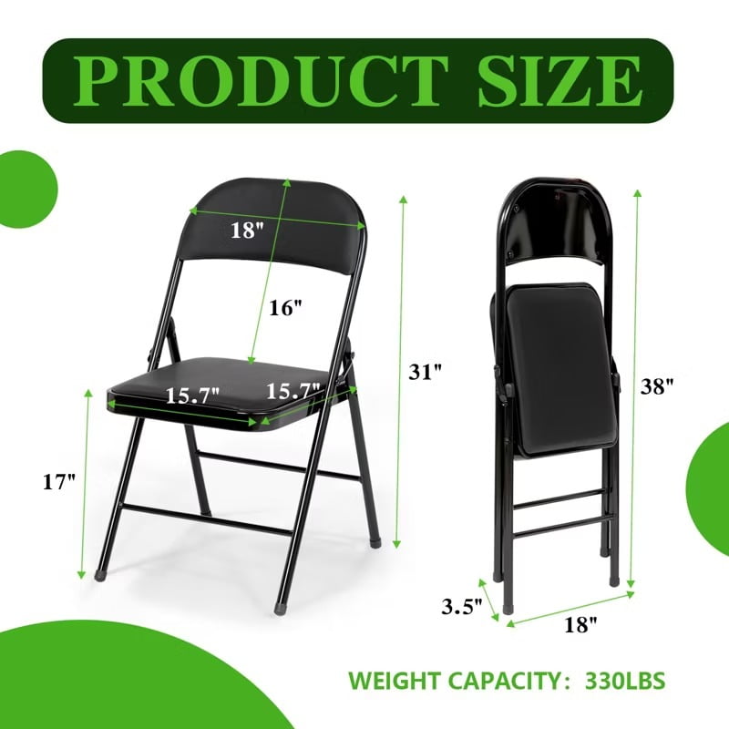 Furnibear 4 Pack Folding Chairs with Padded Vinyl Seat, Heavy-Duty Metal Frame, Supports 330 lbs, Portable & Lightweight,Black
